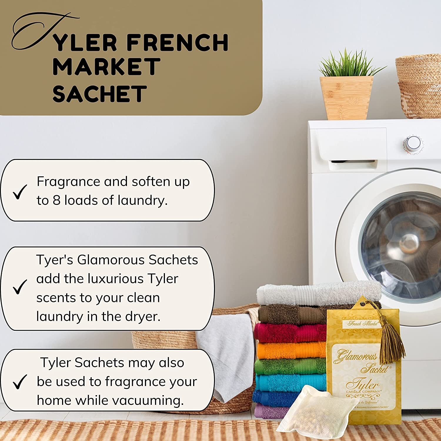 Tyler Candle Company French Market Dryer Sheet Sachets - Glamorous Reusable Dryer Sheets - Sachets for Drawers and Closets - 2 Pack of 4 Sachets, Dryer, Home, or Personal Sachet, with Bonus Key Chain