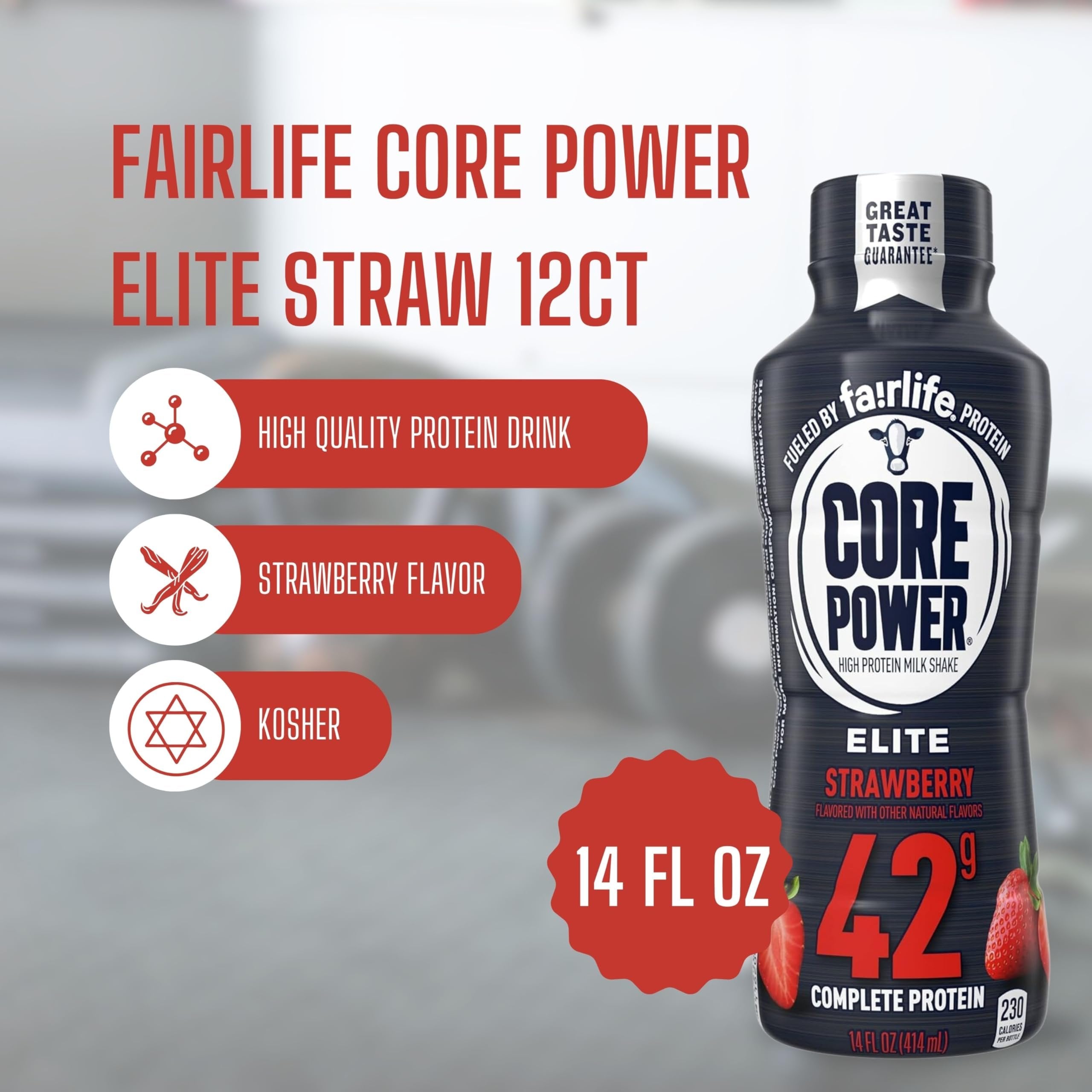 Fairlife Core Power 42g Complete Protein Elite Strawberry Milk Shake for Workout Recovery - Kosher - 14 oz (12 Pack) with Keychain