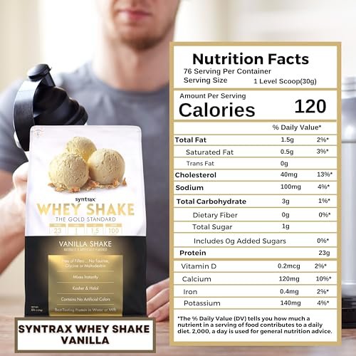 Syntrax Whey Shake The Gold Standard, 5lbs - Vanilla Shake - Muscle Support - Pack of 1 with Keychain