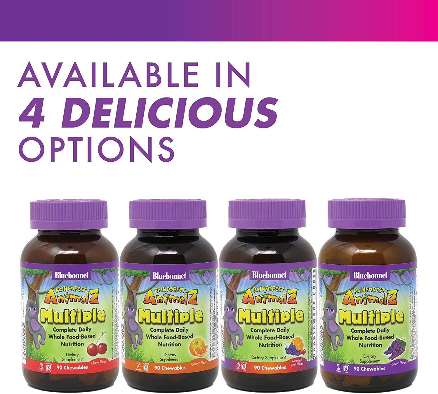 Bluebonnet Nutrition Rainforest Animalz Whole Food Based Multiple Chewable Tablet, Kids Multivitamin & Mineral, Vitamin C, D3, Iron, Gluten Free, Milk Free, Kosher, 180 Chewable Tablets, Mixed Flavor