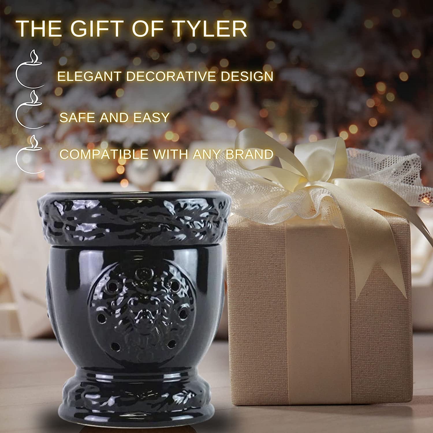 Tyler Candle Company Lionesque Gloss Black Fragrance Wax Warmer - Candle Wax Melt Warmer - Home Decor Candle Accessories with Included 6 Diva Scent Wax Melts - 5.5 x 5" in with Bonus Key Chain