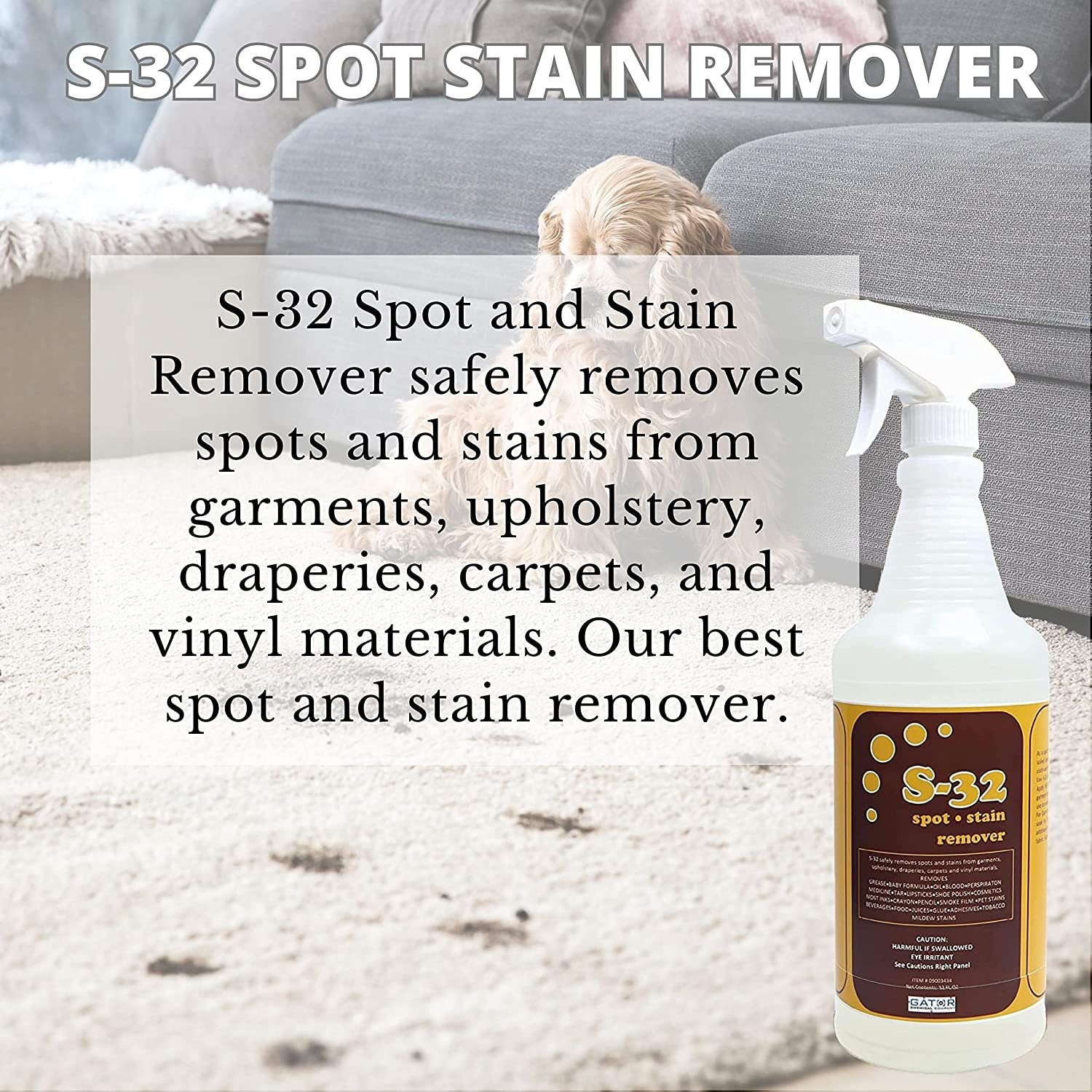 Gator Chemical Company S-32 Liquid Spot and Stain Remover - Multipurpose Cleaner for Laundry, Carpet & Upholstery - Professional Strength Stain Remover - 32 Fl Oz Spray Bottle with Bonus Key Chain