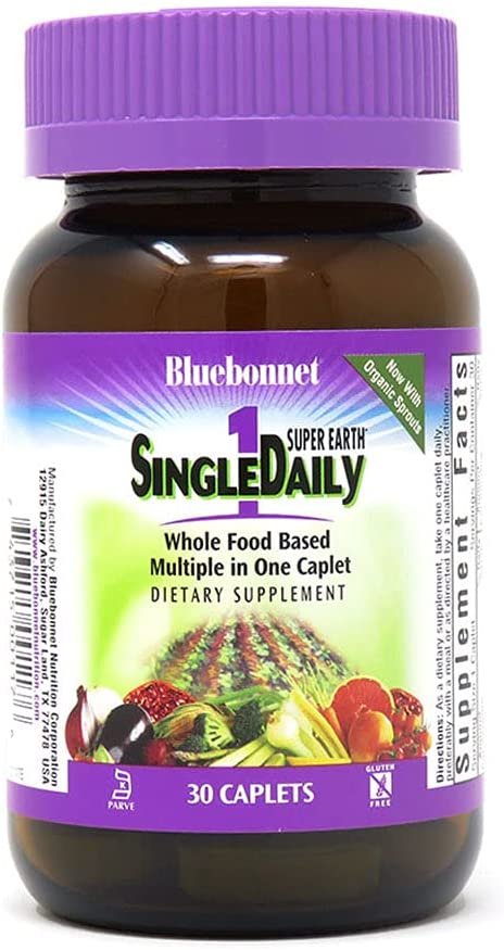 Bluebonnet Super Earth Single Daily Multi-Nutrient Formula Iron Free Caplets, Green, 90 Count