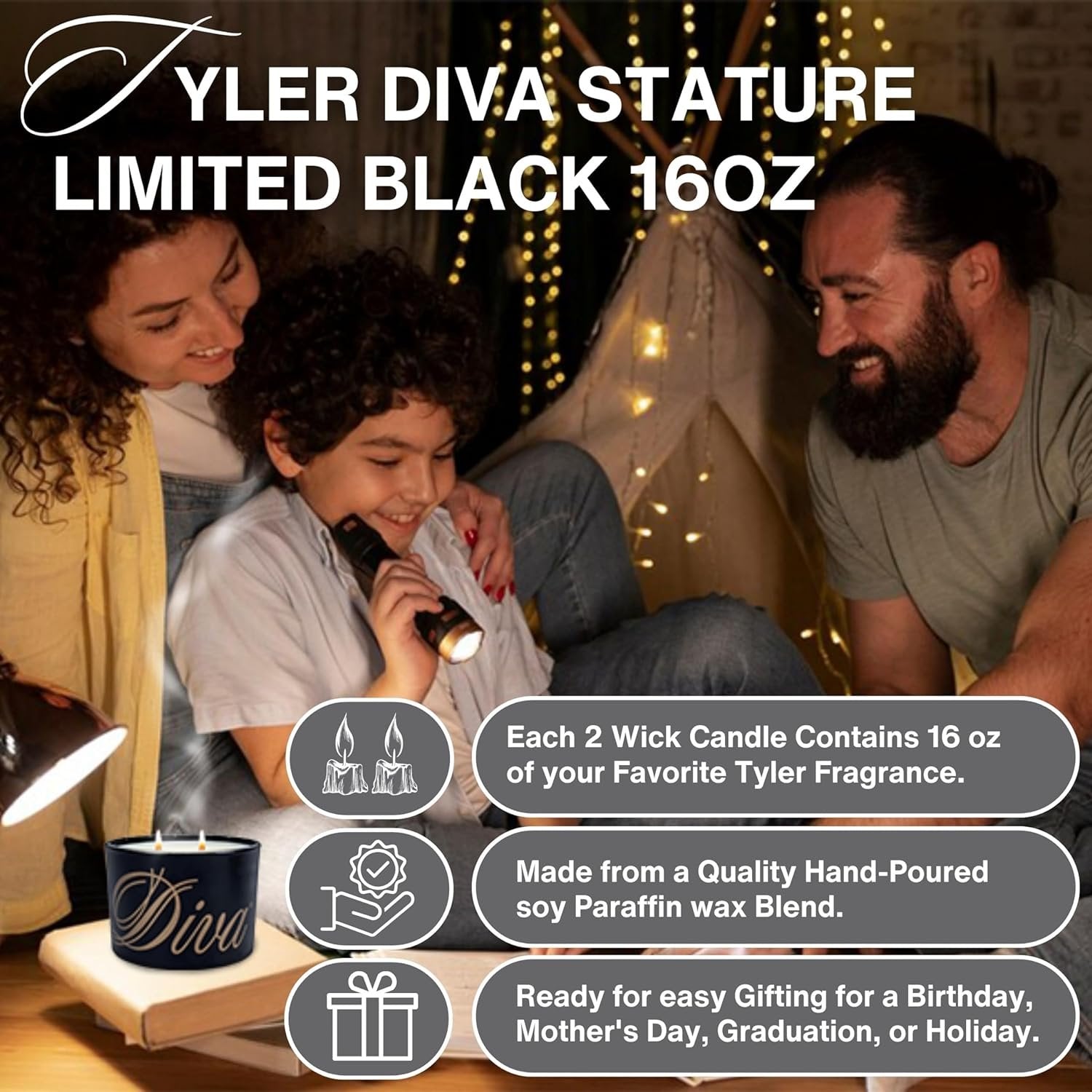Tyler Candle Company Diva Scented Candle - Stature Mossy Black - Limited Edition - 16oz - Burn Time Up to 75 hrs