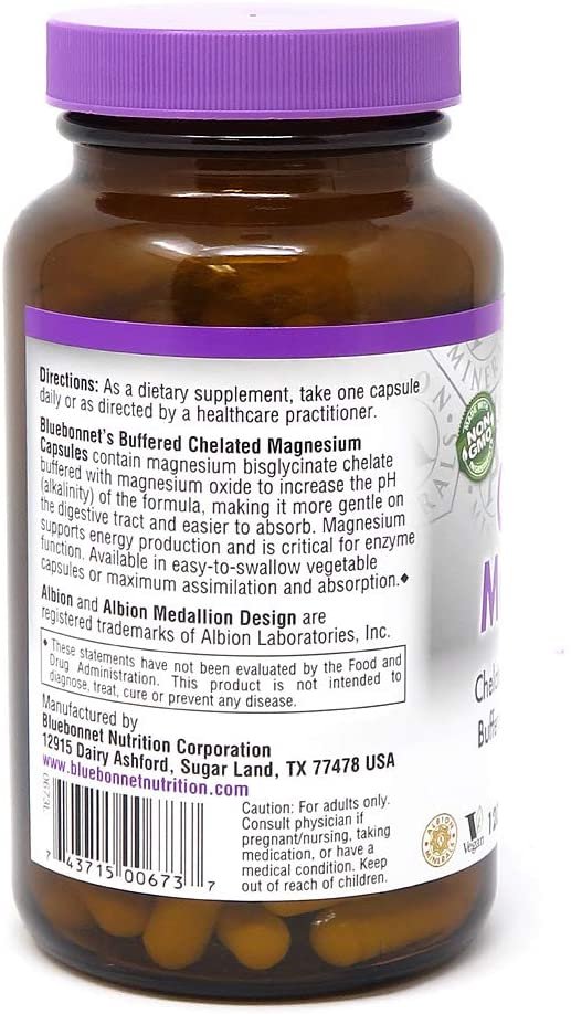 Bluebonnet Nutrition Albion Buffered Chelated Magnesium 200 mg, Magnesium Oxide, Stress Relief, Vegan, Non GMO, Gluten Free, Soy Free, Milk Free, Kosher, 120 Vegetable Capsules, 2 Month Supply