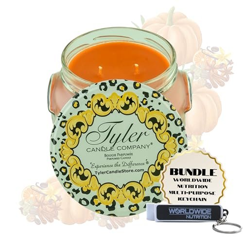 Tyler Pumpkin Spice Scent Jar Candle - Fall Scented Candle with Essential Oils - Long Burning Candles 110-120 hours - Large Candle 22 oz & Multi-Purpose Key Chain