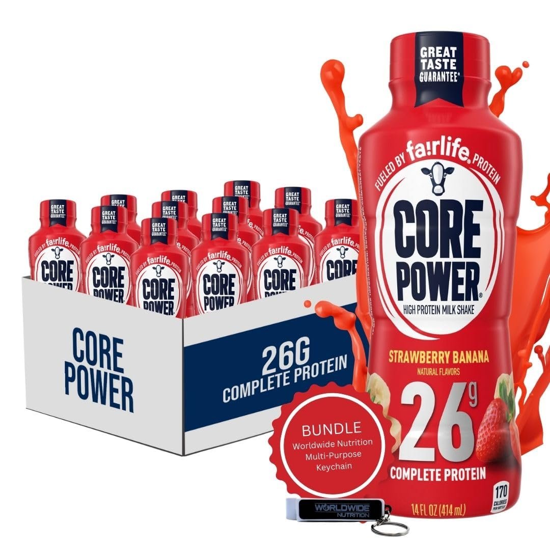 Fairlife Core Power 26g Complete Protein Strawberry Banana Milk Shake for Workout Recovery - Kosher - 14 oz (12 Pack) with Keychain
