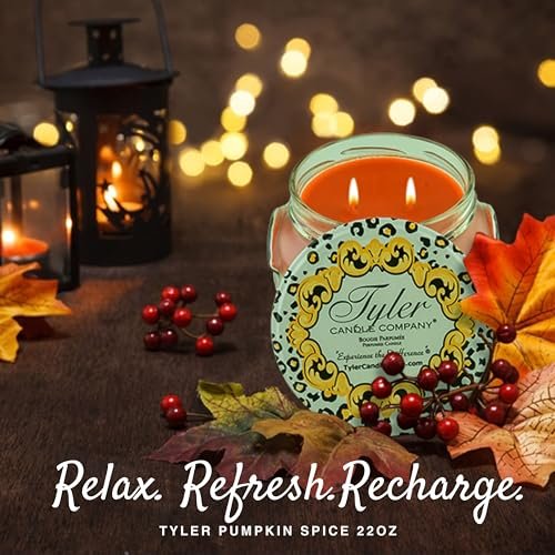 Tyler Pumpkin Spice Scent Jar Candle - Fall Scented Candle with Essential Oils - Long Burning Candles 110-120 hours - Large Candle 22 oz & Multi-Purpose Key Chain