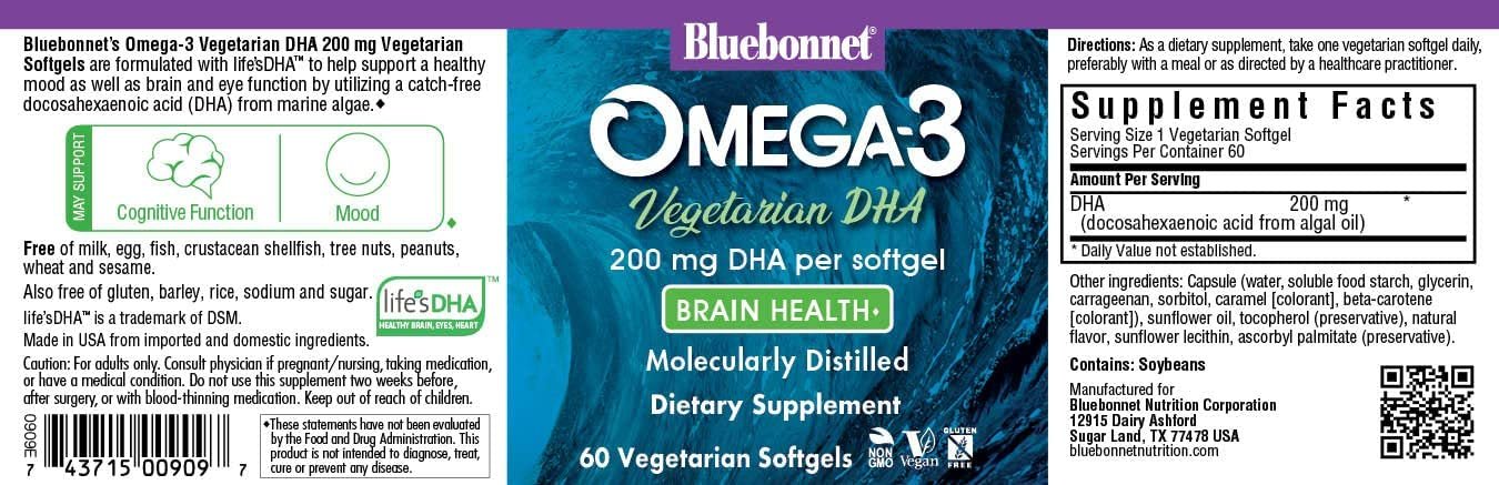 BlueBonnet Natural Omega-3 Vegetarian DHA Vegetarian Softgels, 200 mg, 60 Count