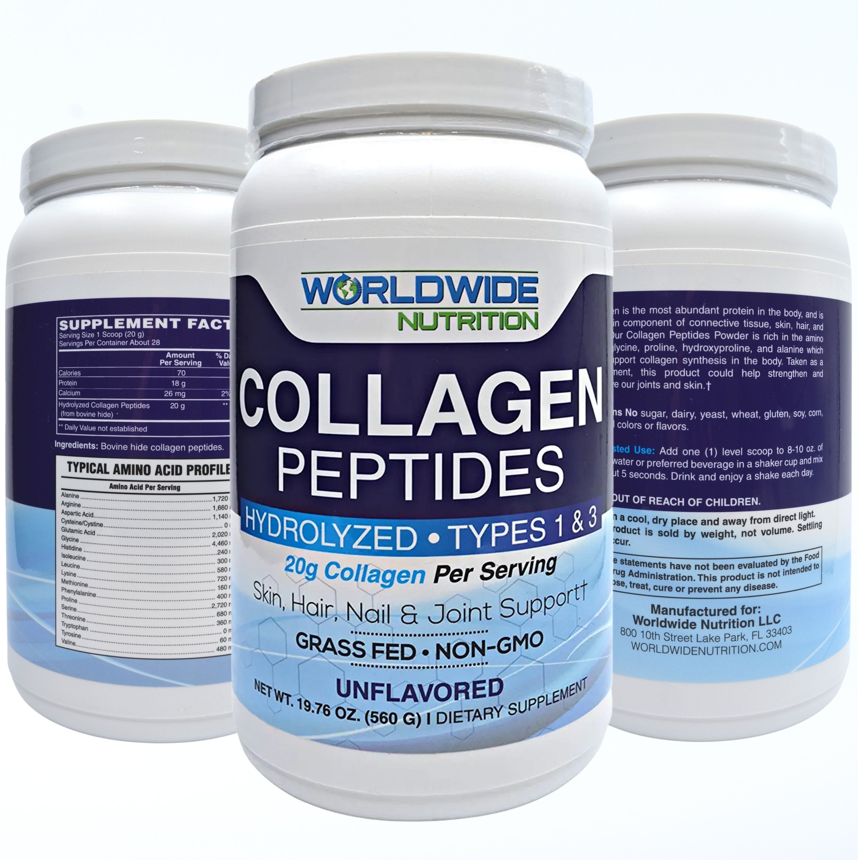 Worldwide Nutrition Collagen Peptides - Hydrolyzed Collagen 1 and 3 - Skin, Hair, Nail, and Joint Support - Grass Fed, Gluten Free, Non GMO, and Keto Collagen - Odorless Unflavored Collagen - 28 Serv.