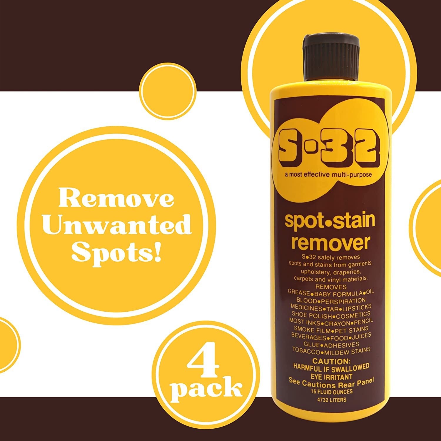 S-32 Liquid Spot and Stain Remover - Multipurpose Cleaner for Laundry, Carpet, Upholstery, and More - Professional Strength Stain Remover - 15 Fl Oz Bottle 4 Pack with Worldwide Nutrition Multi Purpose Key Chain