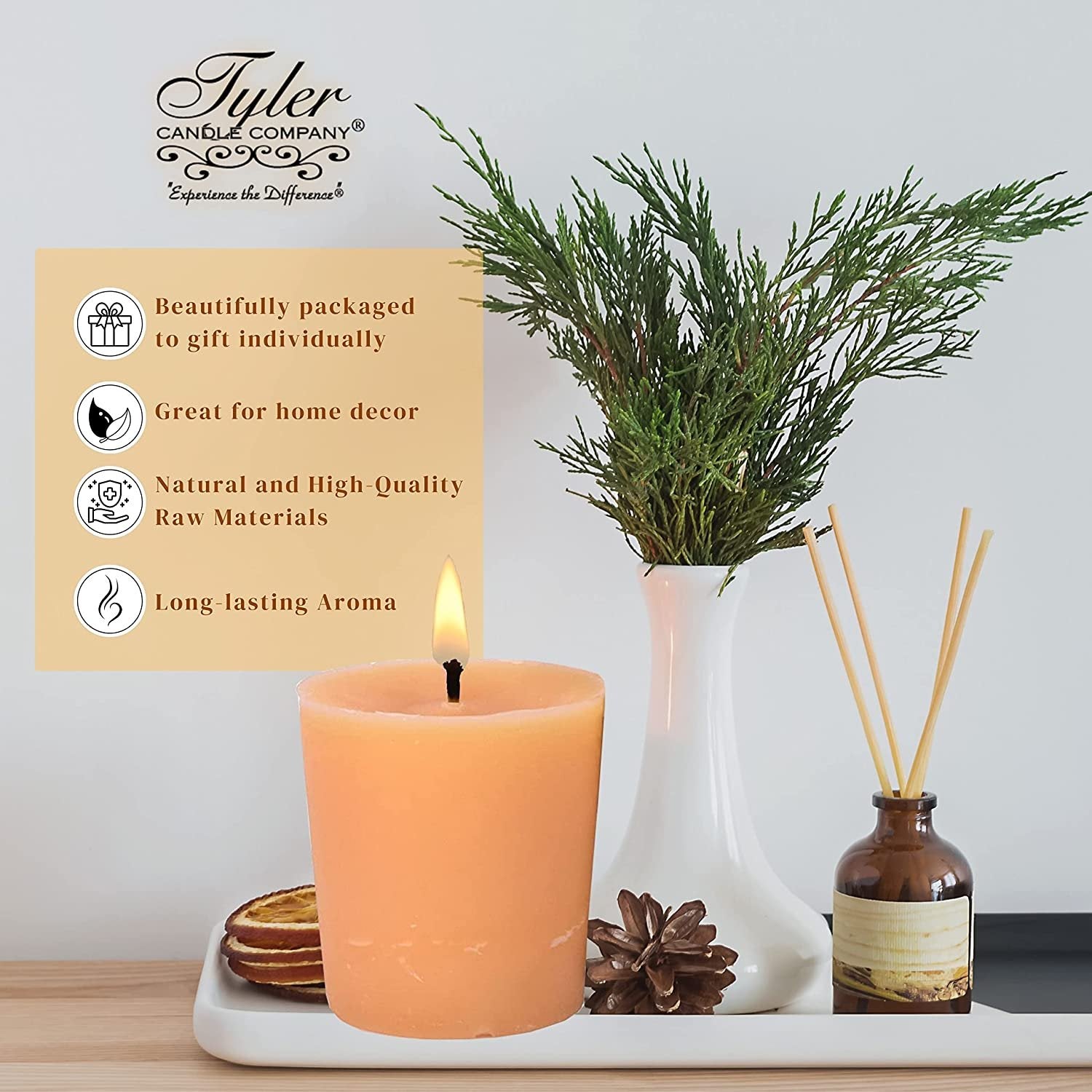 Tyler Candle Company Orange Vanilla Votive Candles - Luxury Scented Candle with Essential Oils - 16 Pack of 2 oz Small Candles with 15 Hour Burn Time Each - with Bonus Key Chain