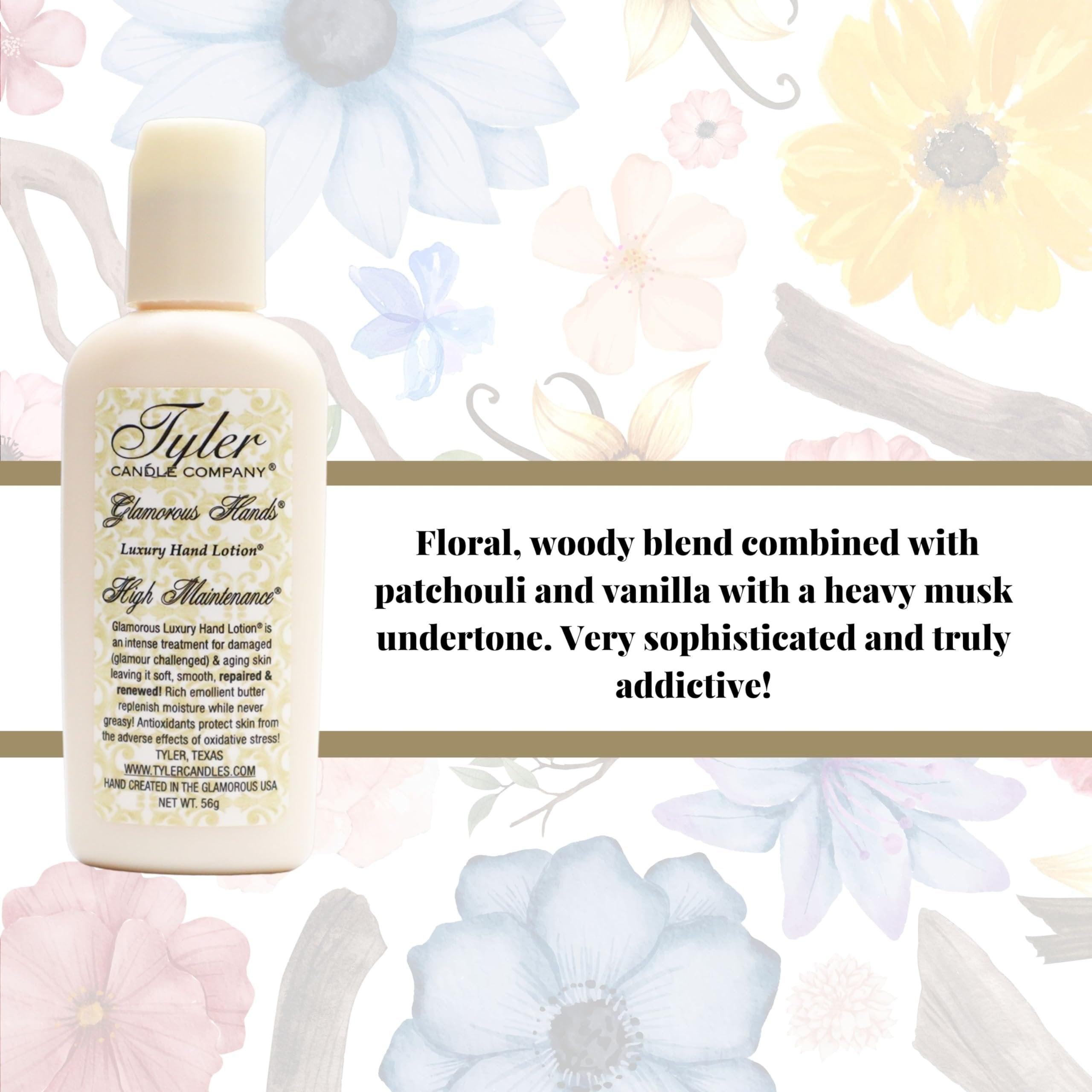 Tyler Candle Company High Maintenance Scent Glamorous Hand Lotion - For Damaged and Aging Skin - 2oz (56g) with Keychain