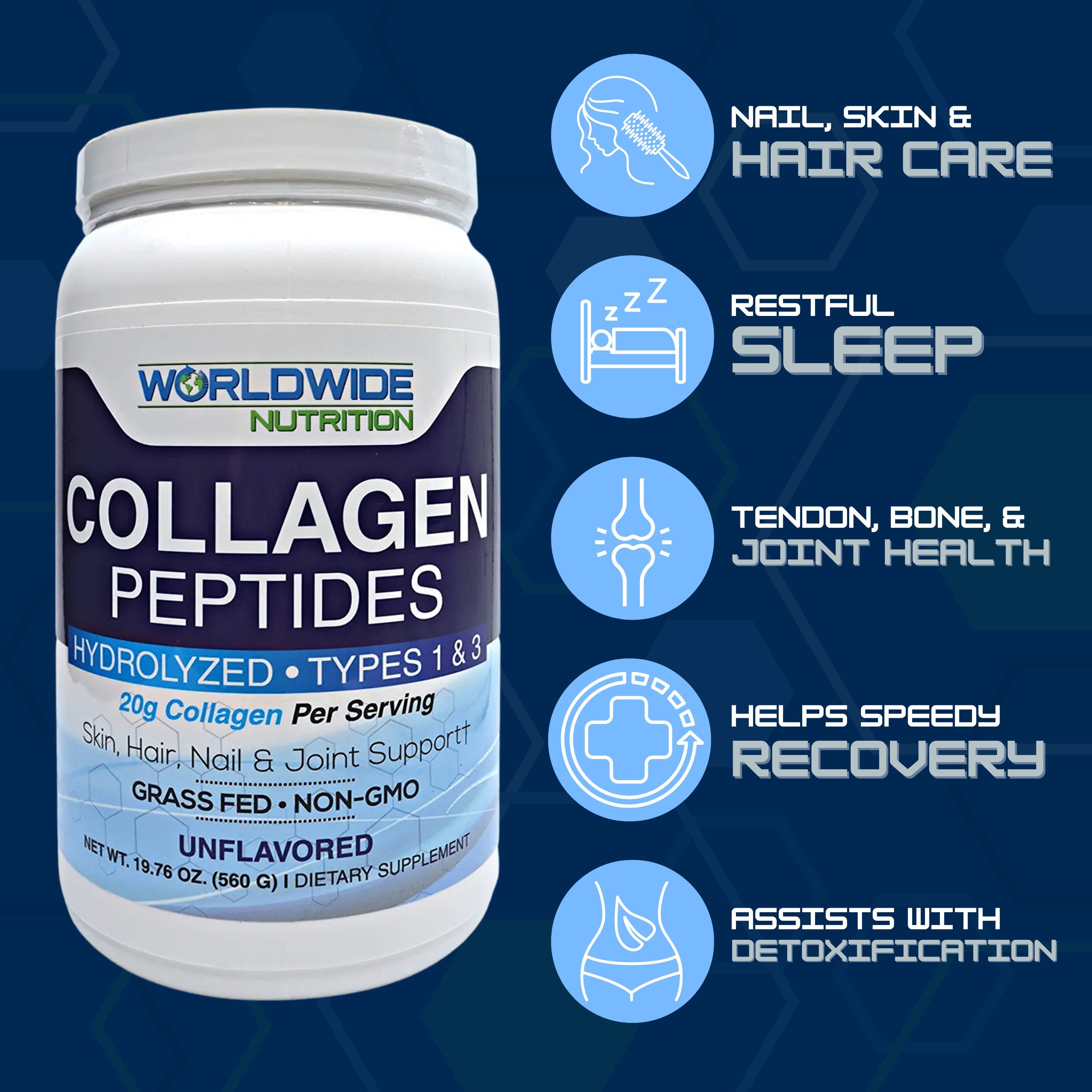 Worldwide Nutrition Collagen Peptides - Hydrolyzed Collagen 1 and 3 - Skin, Hair, Nail, and Joint Support - Grass Fed, Gluten Free, Non GMO, and Keto Collagen - Odorless Unflavored Collagen - 28 Serv.