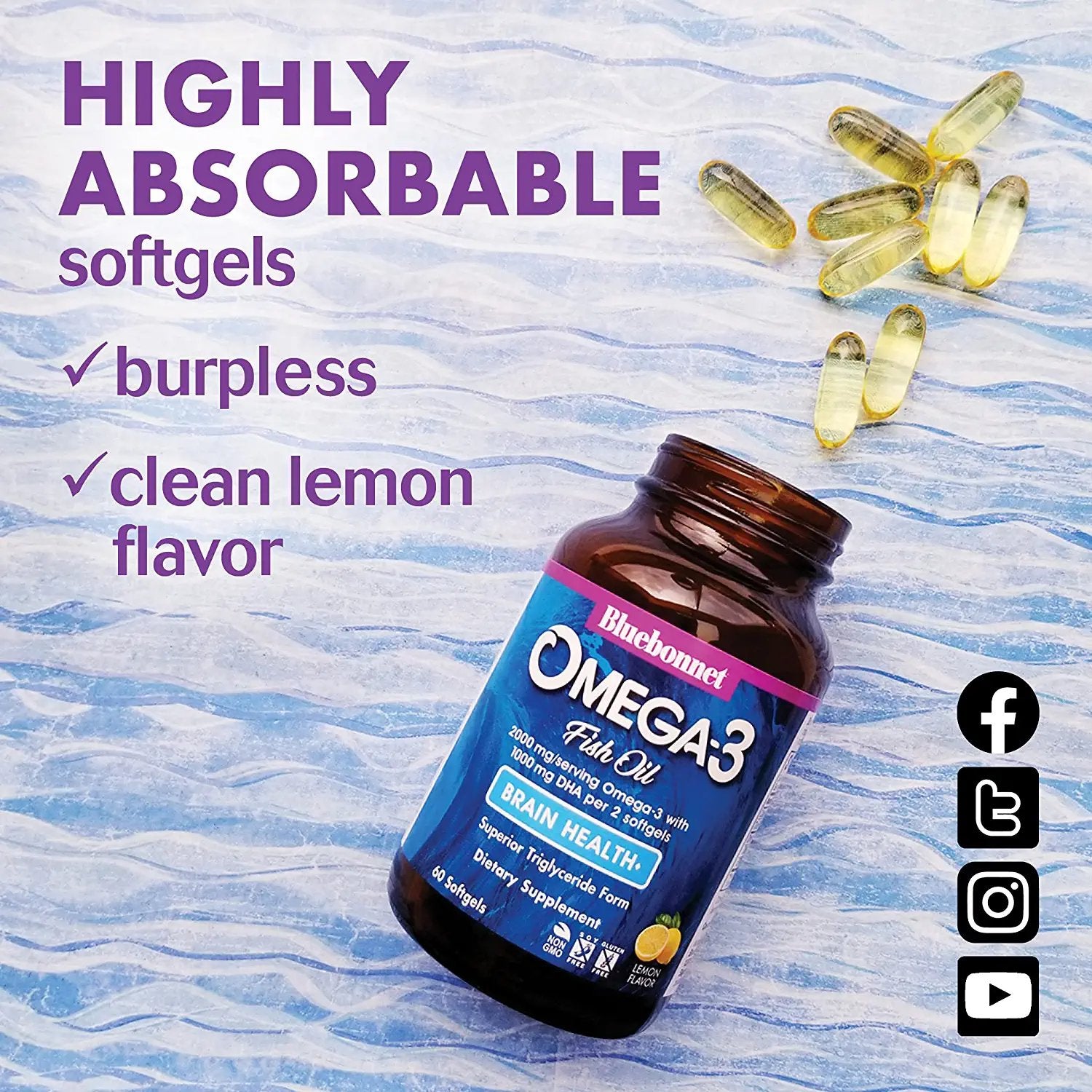 Bluebonnet Nutrition Omega-3 Brain Formula Natural Wild Caught Triglyceride Form DHA 1000 mg EPA 210 mg - Highly Concentrated Cognitive Health & Wellness Support Supplement - Gluten-Free - 120 Softgels - Pack of 1