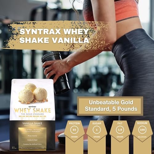 Syntrax Whey Shake The Gold Standard, 5lbs - Vanilla Shake - Muscle Support - Pack of 1 with Keychain