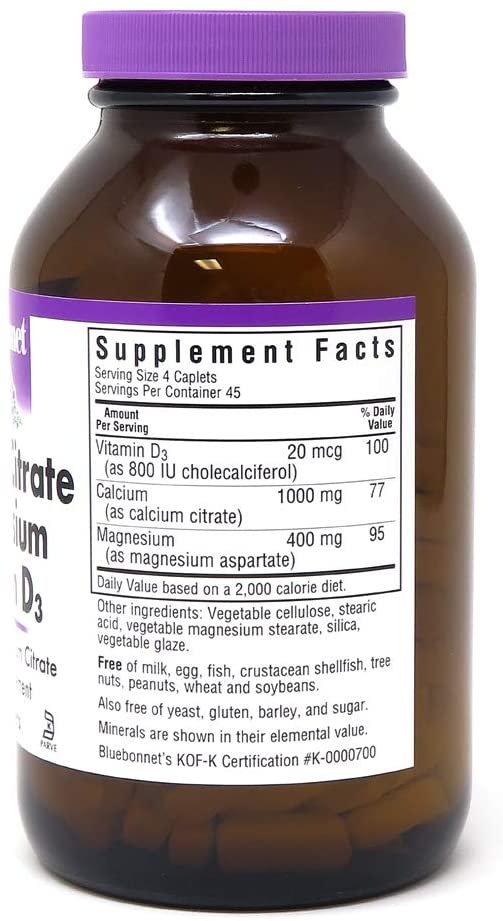 Bluebonnet Nutrition Calcium Citrate Magnesium Plus Vitamin D3 Caplets, Bone Health & Muscle Relaxation, Non GMO, Gluten Free, Soy Free, Milk Free, Kosher, 180 Caplets