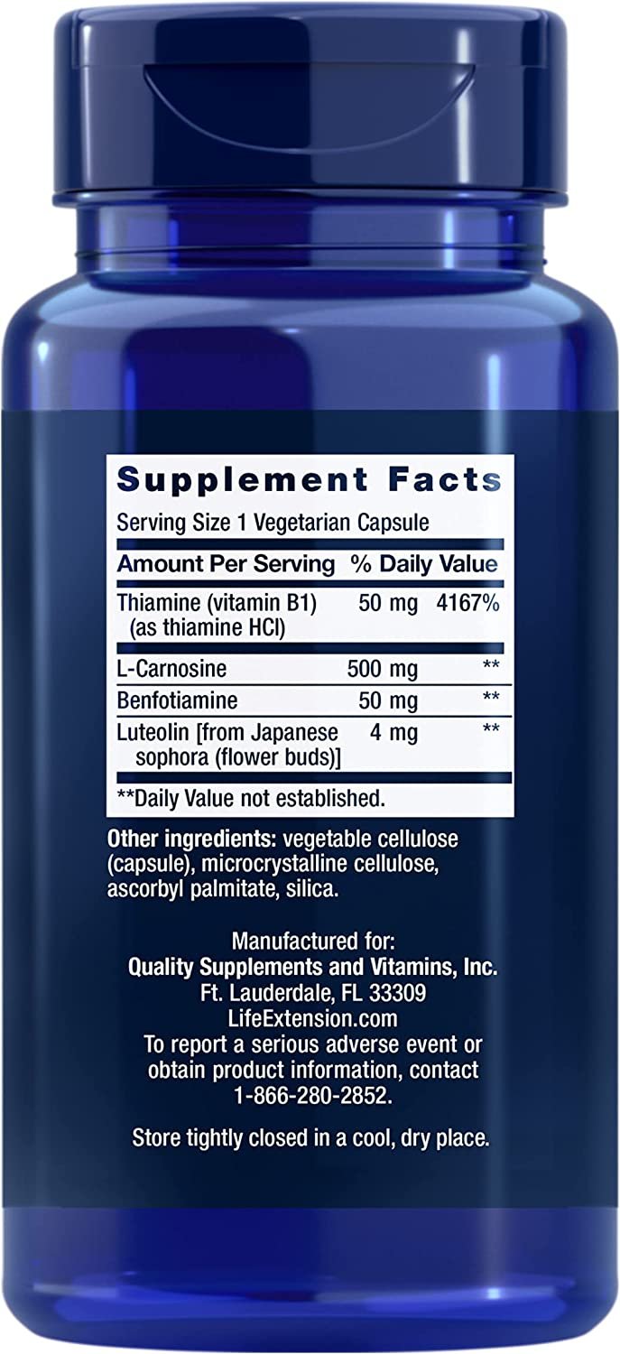 Life Extension Super Carnosine 500mg - For Muscle Recovery - L-Carnosine Supplement with Benfotiamine, Vitamin B1, Luteolin For Healthy Aging - Non-GMO, Gluten-Free - 60 Vegetarian Capsules