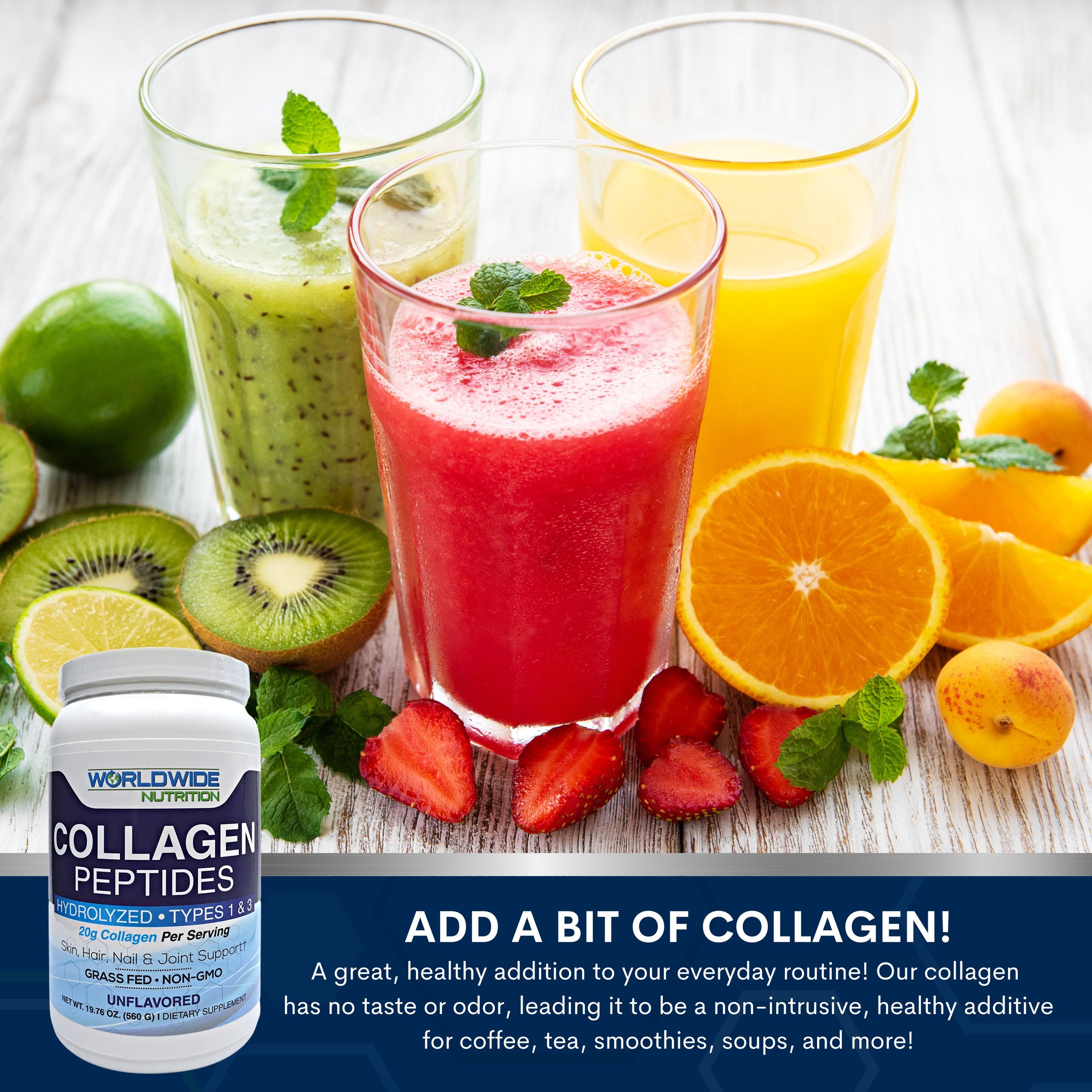 Worldwide Nutrition Collagen Peptides - Hydrolyzed Collagen 1 and 3 - Skin, Hair, Nail, and Joint Support - Grass Fed, Gluten Free, Non GMO, and Keto Collagen - Odorless Unflavored Collagen - 28 Serv.