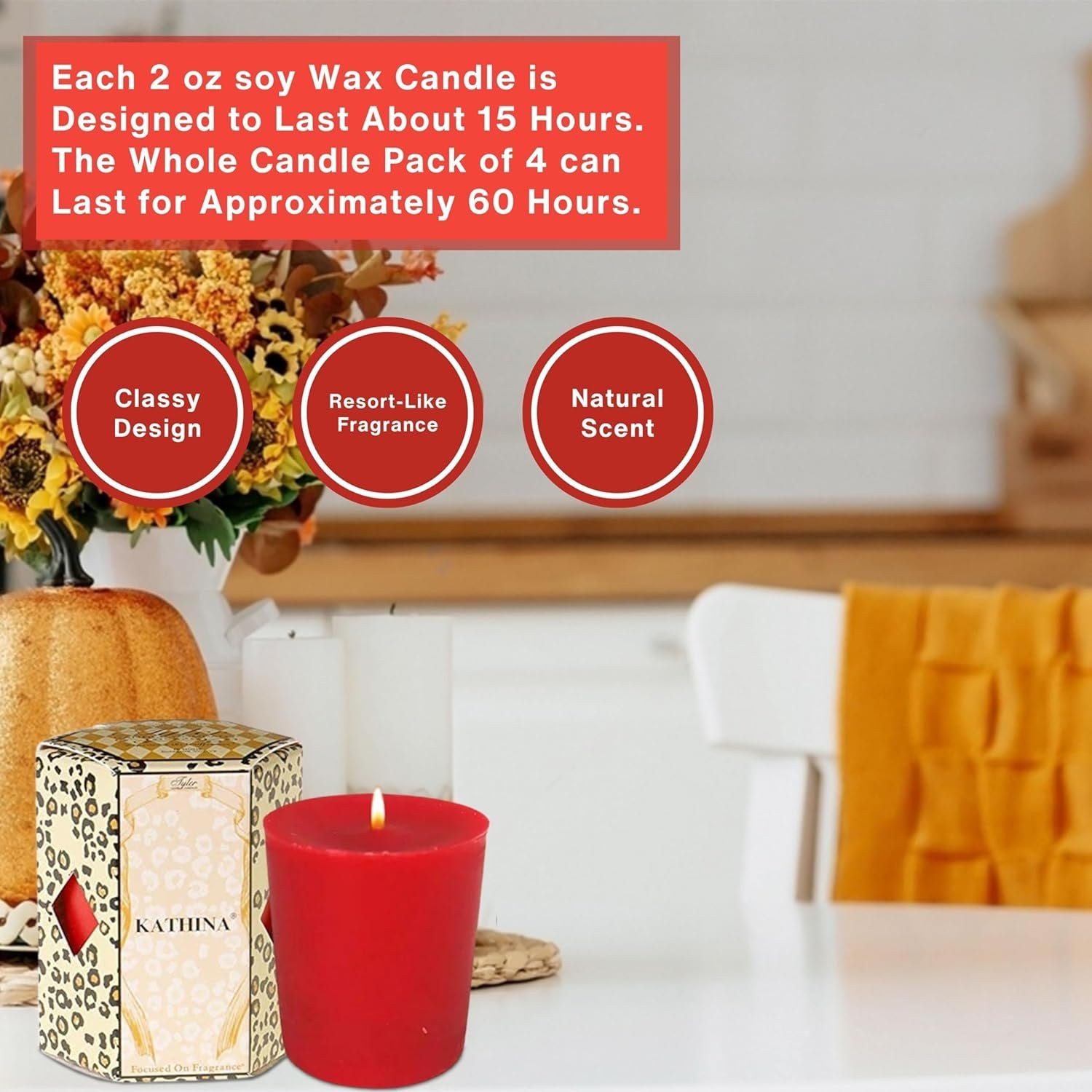 Tyler Candle Company Kathina Votive Wax Candles - 4 Counts of 2 oz Scented Candles - Burn Time Up to 15hrs - with Multi-Purpose Key Chain