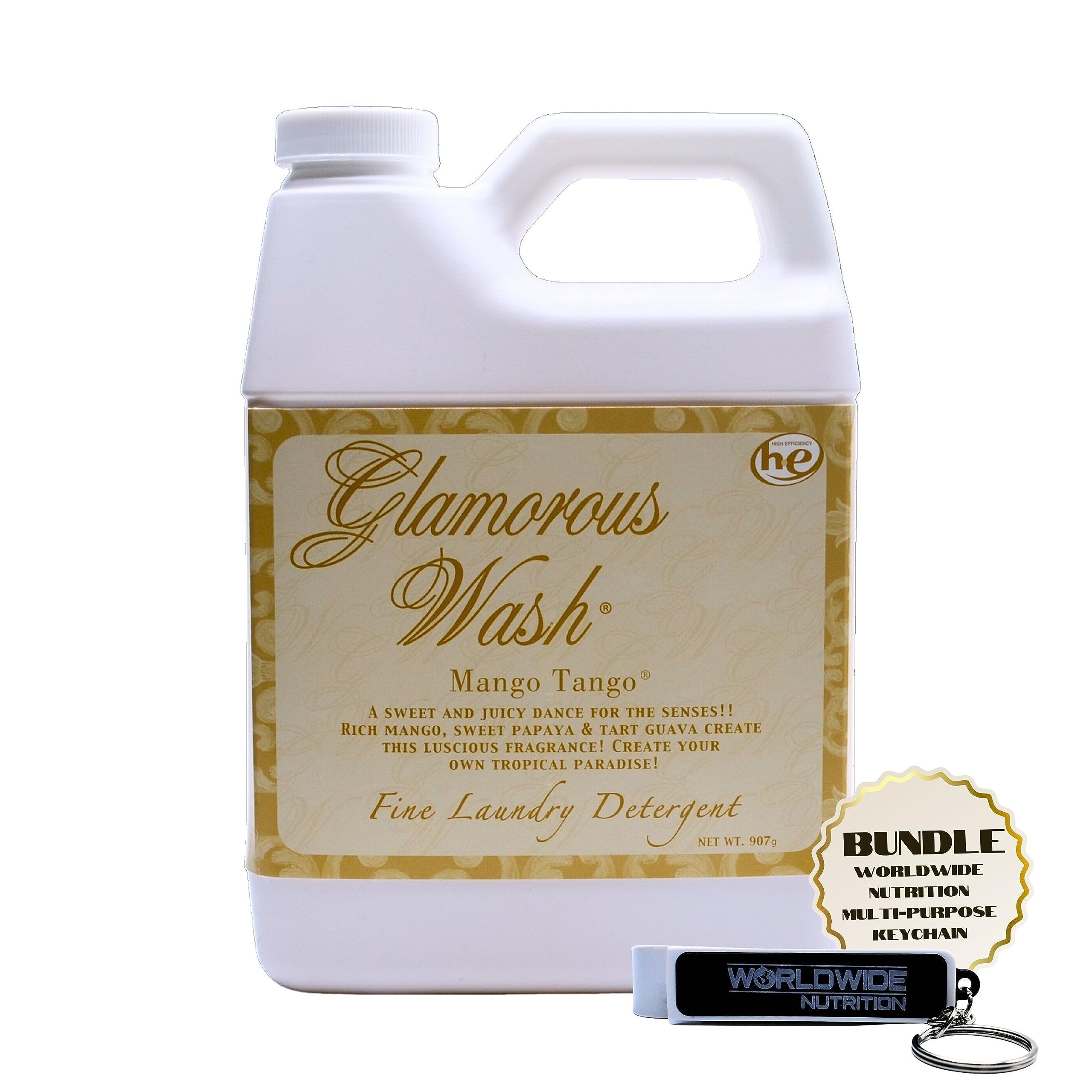 Tyler Candle Company Glamorous Wash Mango Tango Laundry Detergent - Luxury Liquid Laundry Detergent - Hand and Machine Washable - 32 oz (907 g) with Worldwide Nutrition Multi Purpose Key Chain