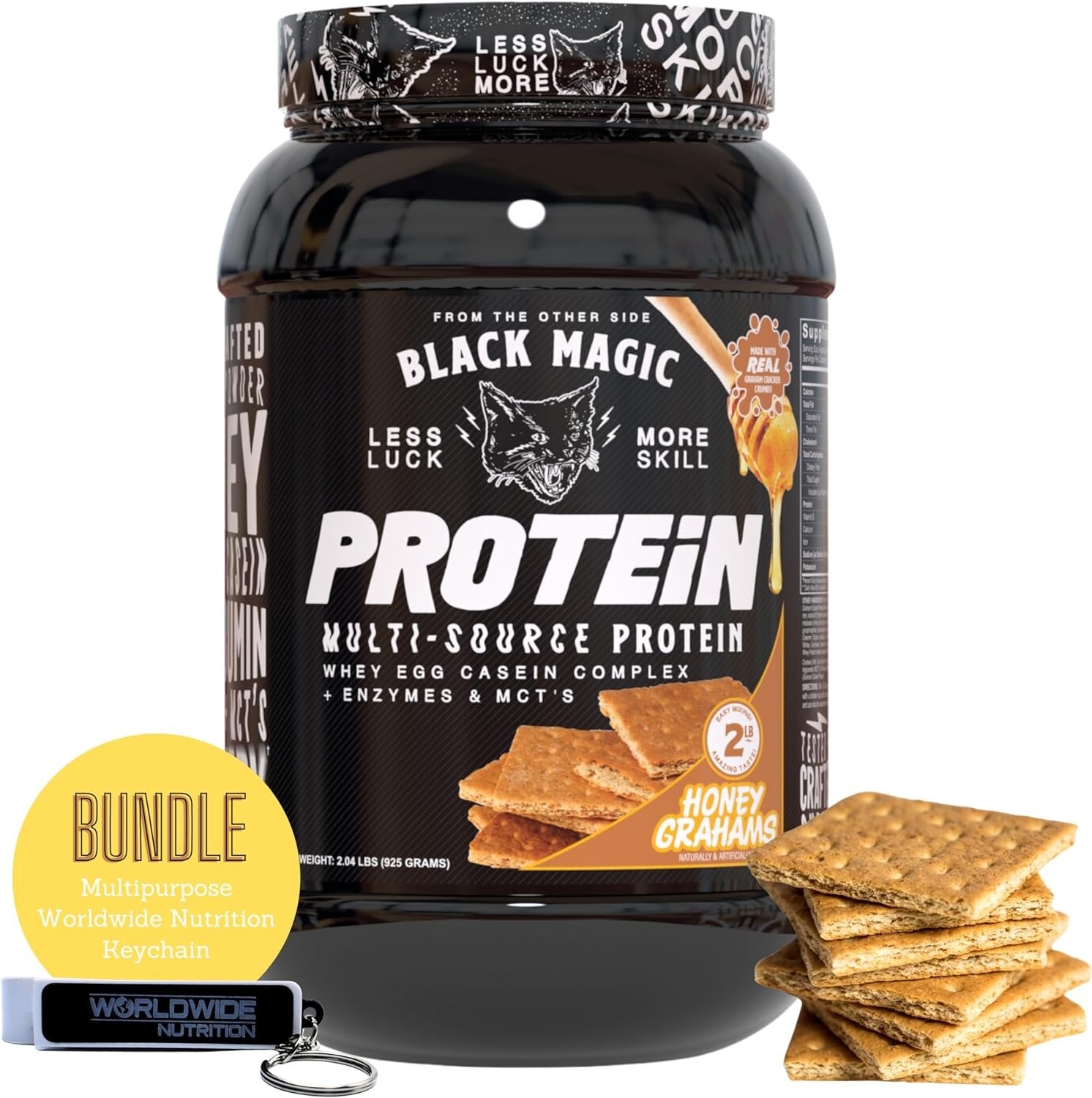 Black Magic Multi-Source Protein - Whey, Egg, and Casein Complex with Enzymes & MCT Powder - Pre Workout and Post Workout - Honey Grahms Protein Powder - 24g Protein - 2 LB with Bonus Key Chain