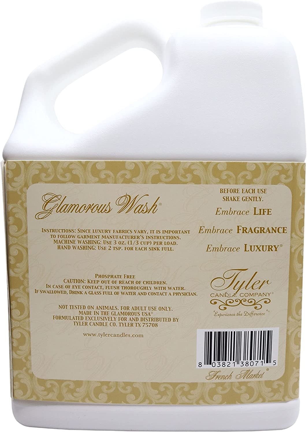 Tyler Candle Company Glamorous Wash French Market Scent Fine Laundry Liquid Detergent - Liquid Laundry Detergent Designed for Clothing - Hand and Machine Washable - 3.78L (1Gal) Container