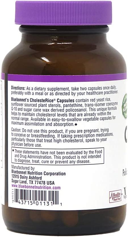 Bluebonnet Nutrition CholesteRice Vegetable Capsules, Red Yeast Rice, Plant Sterols, Pantethine, CoQ10, Policosanol, Vegan, Vegetarian, Non GMO, Gluten Free, Milk Free, SOY-FREE, 60 Vegetable Capsules