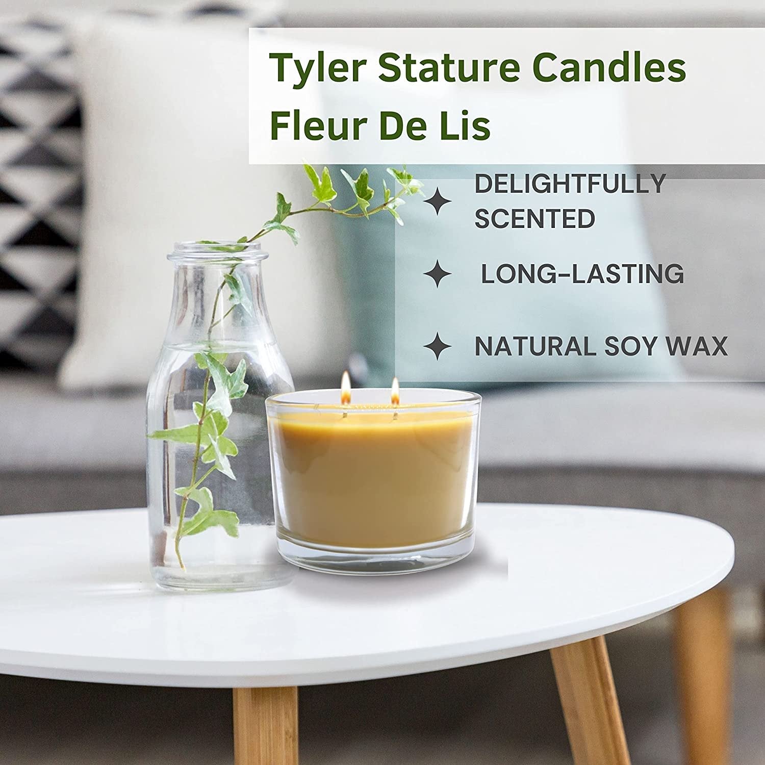 Tyler Candle Company Fleur De Lis Stature Candle - Luxury Home Fragrance Fleur De Lis Scented Candle - Stature Model Home Decor in Clear Glass Candle Holder - 16 Oz, 2 Wick Candle w Bonus Key Chain