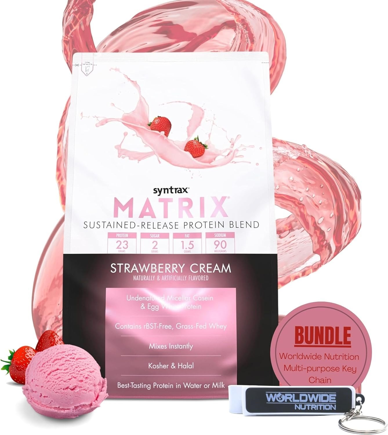 Syntrax Matrix Protein Powder 2.0 Sustained-Release Casein Protein and Whey Protein Powder - Instant Mix Strawberry Cream Protein Powder Flavor, 2lbs - Pack of 1 with Keychain