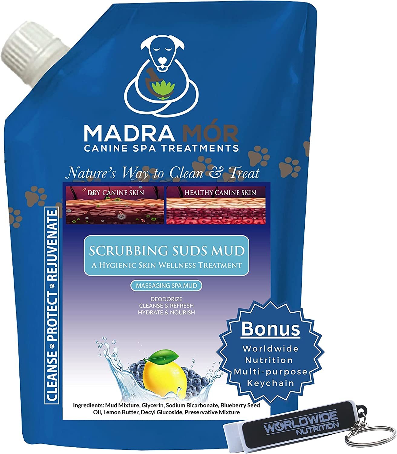 Madra Mor Massaging SPA Mud - Luxurious Dog Skin Wellness Treatment - Cleanse - Protect - Rejuvenate - Scrubbing Suds Mud- 1 Pack (10oz) - with Multi-Purpose Key Chain