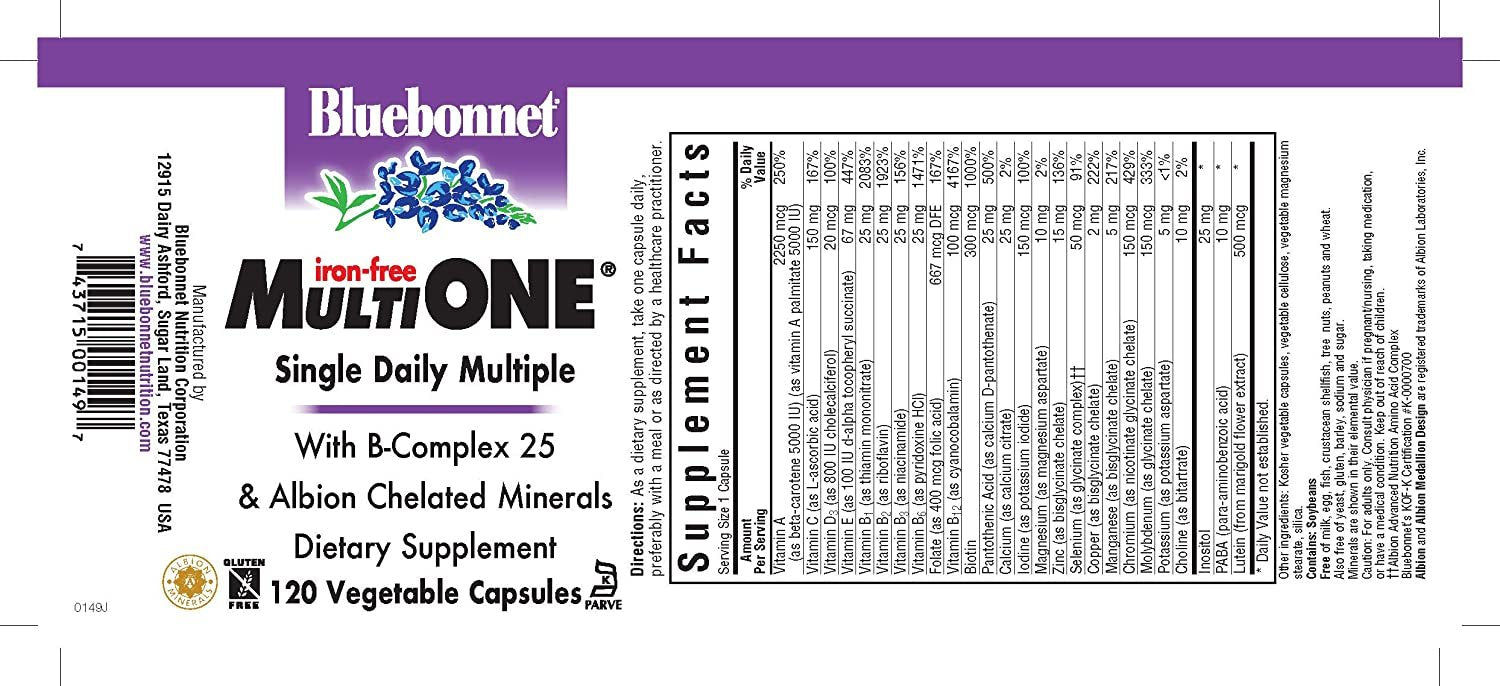 Bluebonnet Nutrition Multi One (Iron Free) Vegetable Capsules, Complete Full Spectrum Multiple, B Vitamins, General Health, Gluten Free, Milk Free, Kosher, 120 Vegetable Capsules, 4 Month Supply