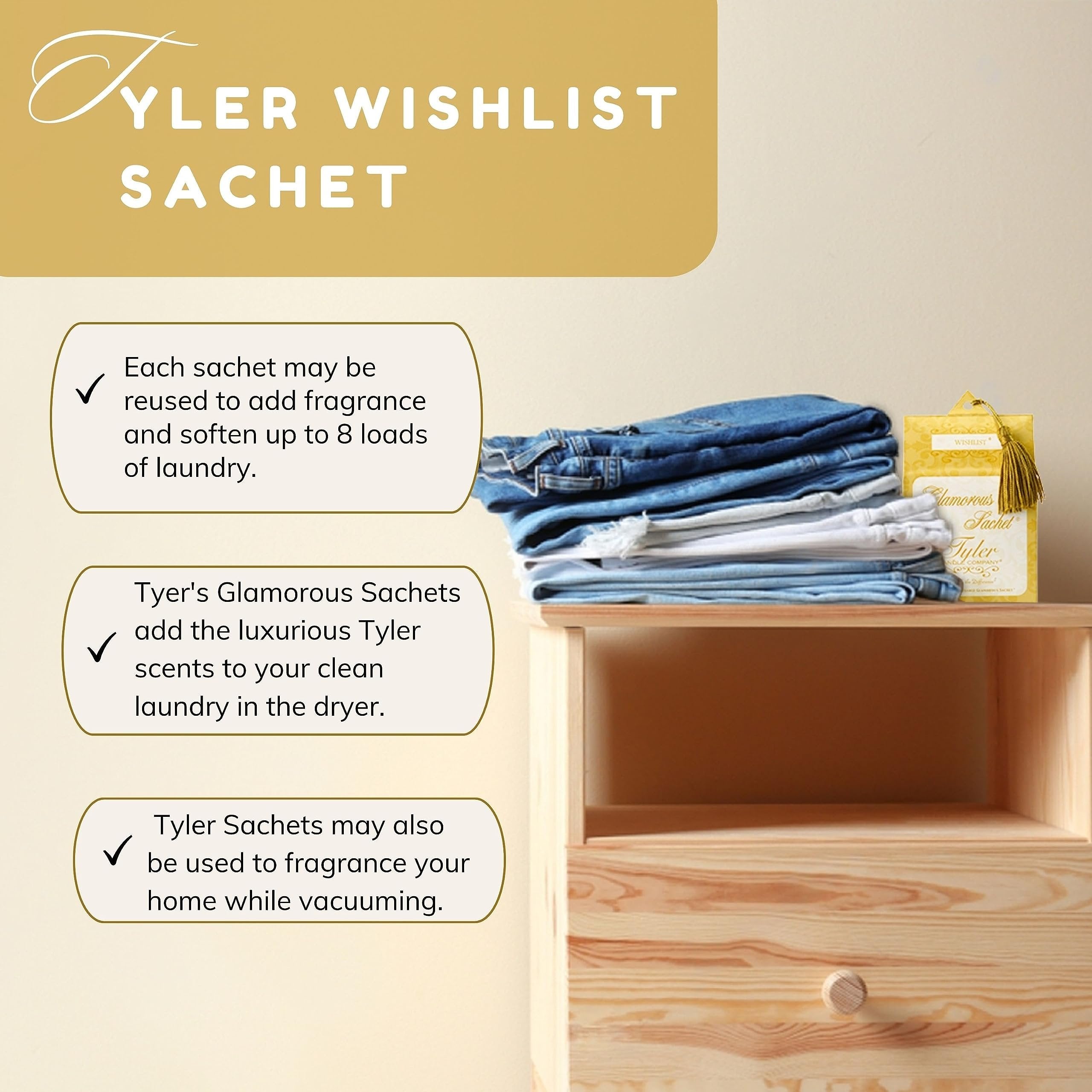 Tyler Candle Company Wishlist Dryer Sheet Sachets - Glamorous Reusable Dryer Sheets - Sachets for Drawers and Closet Refresher - 1 Pack, 4 Sachets and Multi-Purpose Key Chain