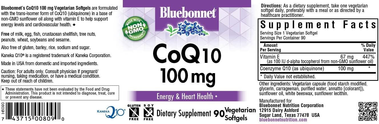 BlueBonnet CoQ-10 Vegetarian Softgels, 100 mg - Non-GMO Sunflower Oil Plus Vitamin E
