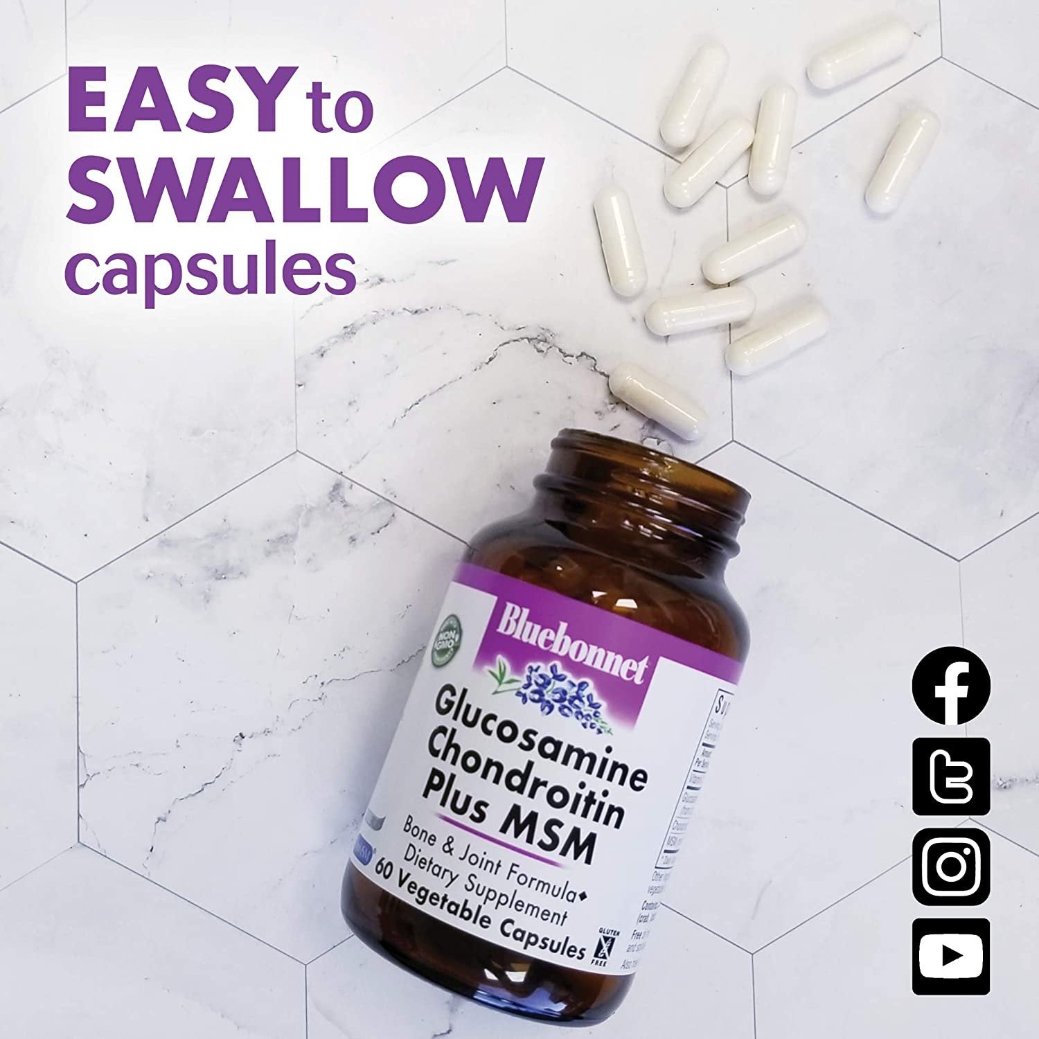 Bluebonnet Nutrition Glucosamine Chondroitin Plus MSM Supplement, Soy-Free, Gluten-Free, Non-GMO, Dairy-Free, 120 Count