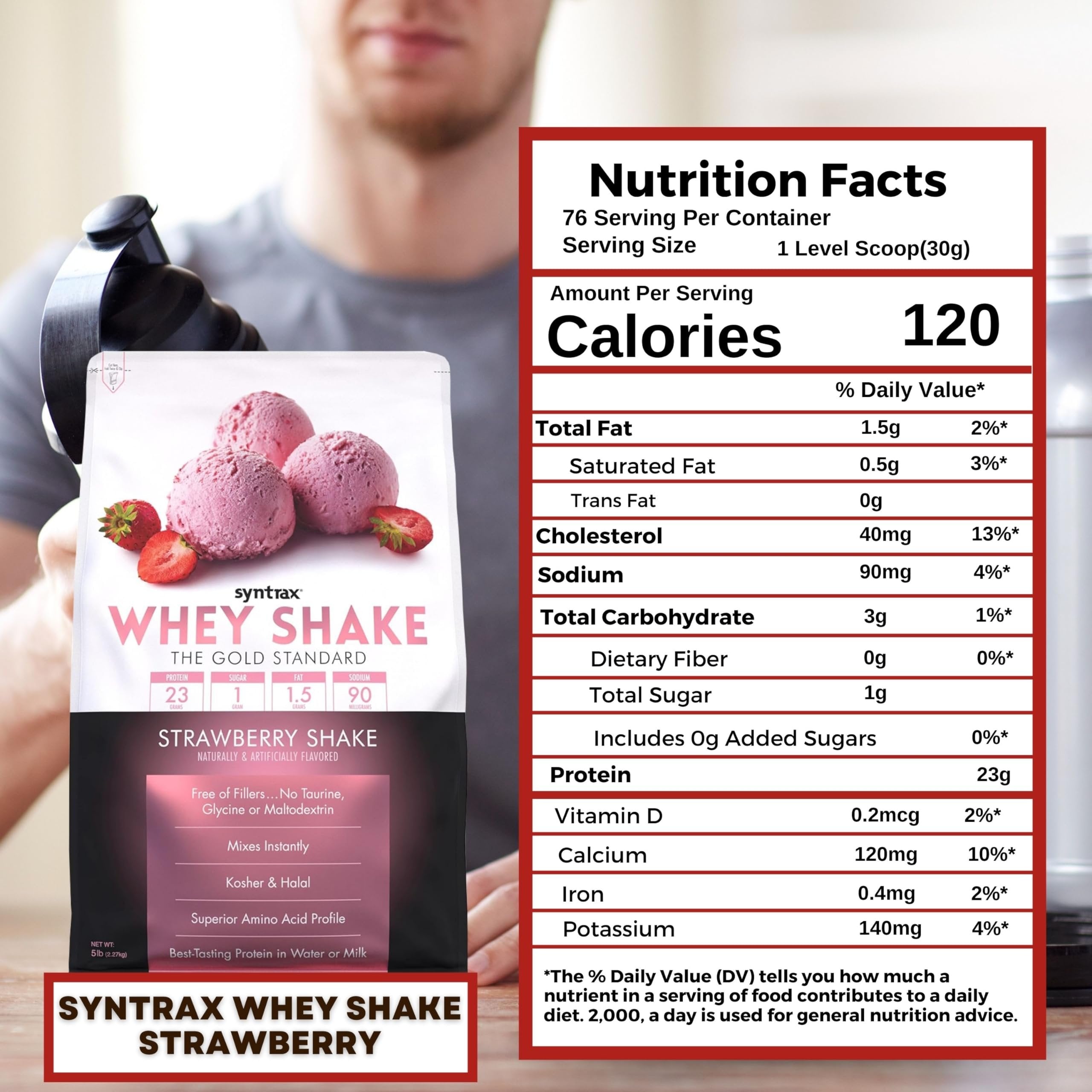 Syntrax Whey Shake Strawberry Shake Native Grass-Fed Wholesome Denatured Whey Protein Concentrate with Glutamine Peptides 5 lbs - Pack of 1 with Keychain