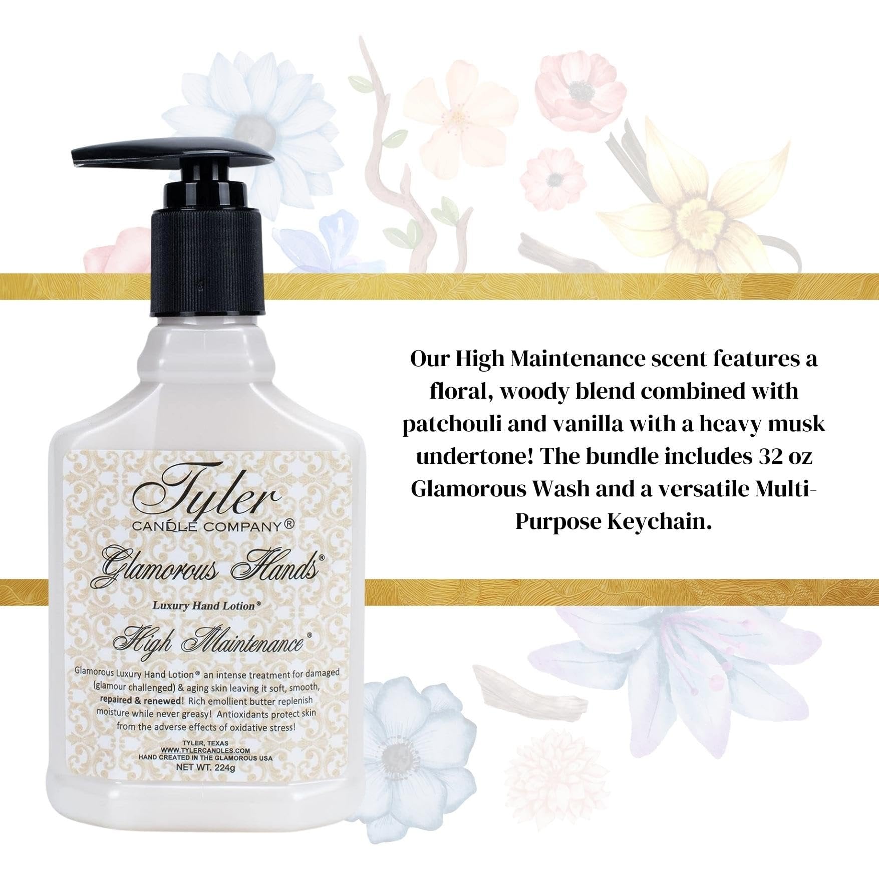 Tyler High Maintenance Hand Lotion - Scented and Small Hand Cream For Dry Hands - 8 Oz Travel Size Luxury Hand Moisturizer and Multi-Purpose Key Chain