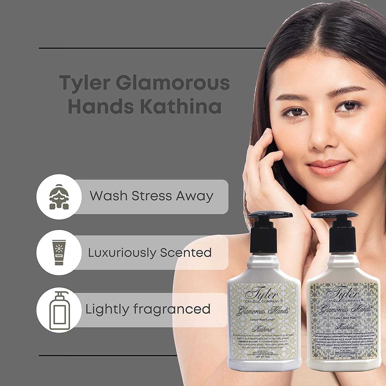 Worldwide Nutrition Tyler Candle Company Kathina Glamorous Hand Wash and Hand Lotion Gift Set - Pack of 2, 8 Oz Scented Hand Cream Pump Bottles for Luxury Skin Care (Kathina) with Bonus Keychain