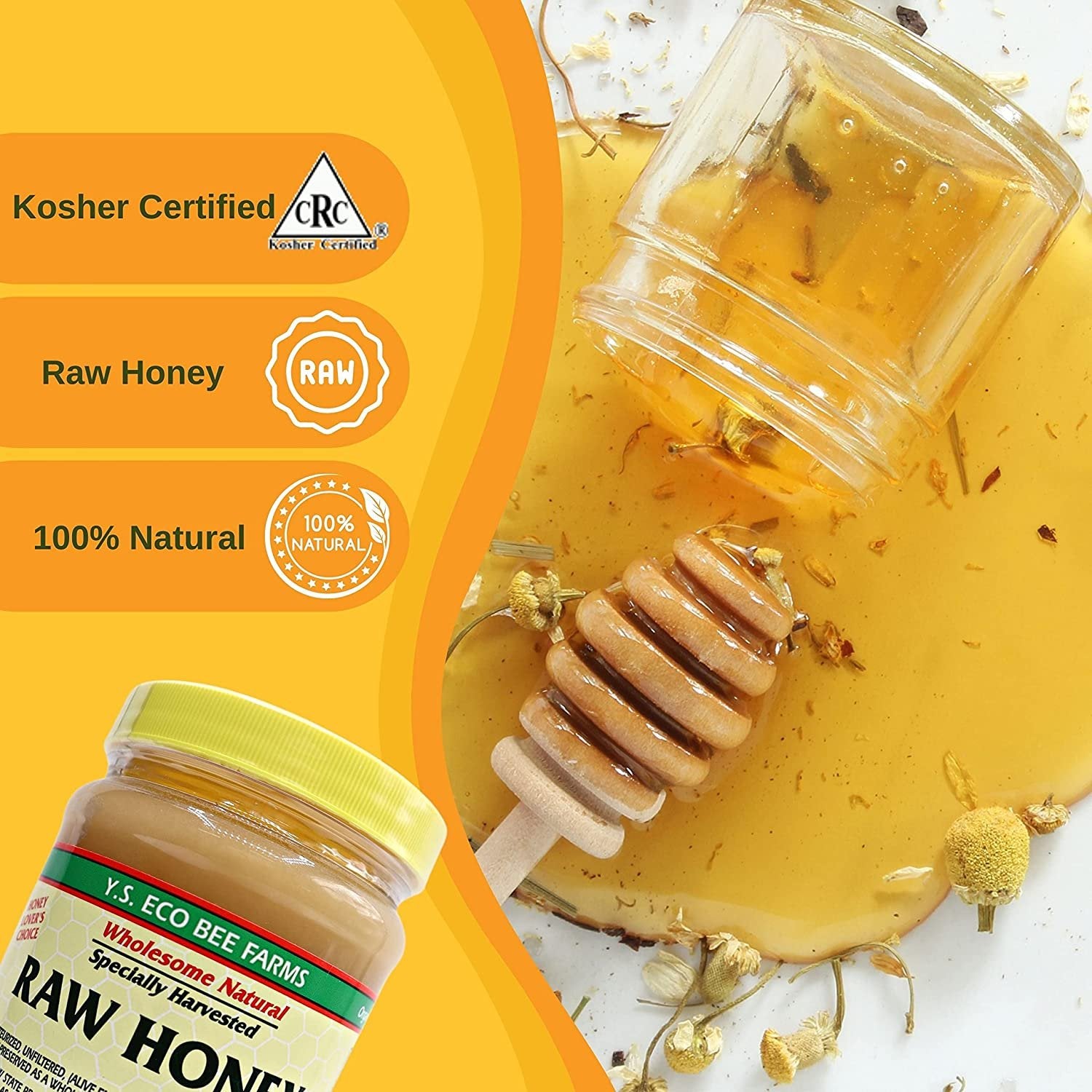 Y.S. Eco Bee Farms, Y.S. Organic Bee Farms, Wholesome Natural Raw Honey, Unpasteurized, Unfiltered, Fresh Raw State, Kosher, Pure, Natural, Healthy, Safe, Gluten Free, Specially Harvested, 22oz - 2pk