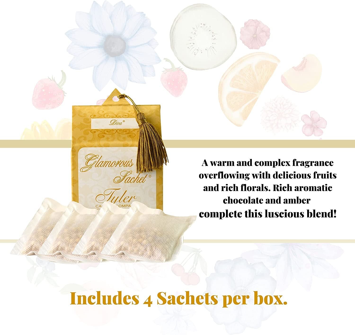 Tyler Candle Company Diva Dryer Sheet Sachets - Glamorous Reusable Dryer Sheets - Sachets for Drawers and Closets - 1 Pack, 4 Sachets, Dryer, Home, or Personal Sachet, with Bonus Key Chain