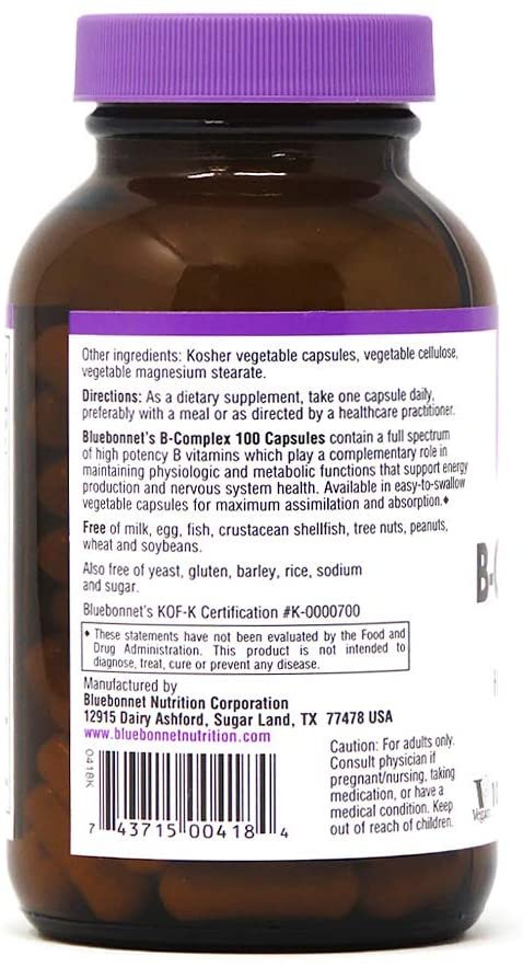 Bluebonnet Nutrition B Complex, Complete Full Spectrum, Vitamin B6, B12, Biotin, Folate, Vegan, Vegetarian, Gluten, Soy & Milk Free, Kosher, 100 Count