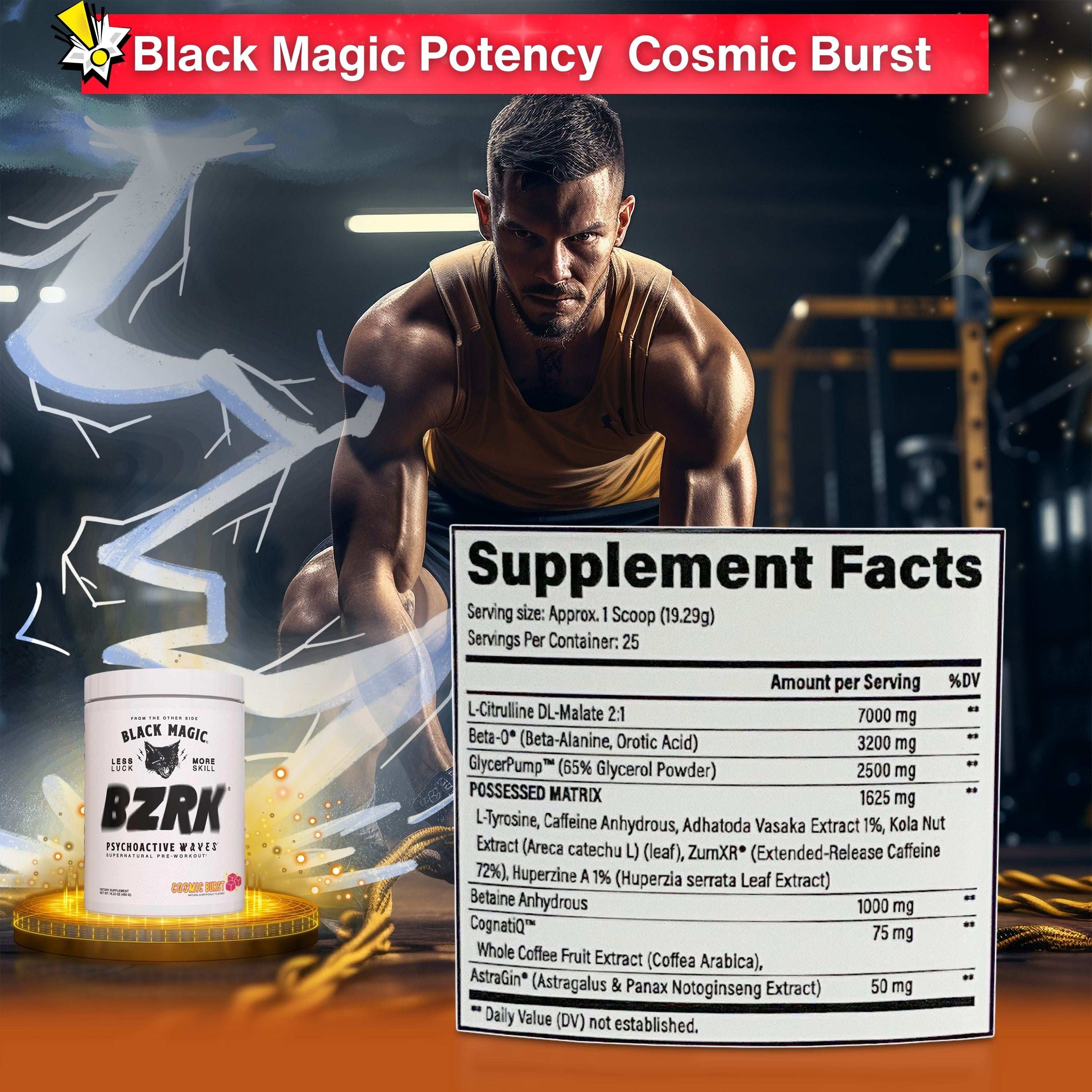 Black Magic Supply BZRK Psychoactive Waves Pre-Workout Powder - Cosmic Burst - 16.23oz (460g)  - Pack of 1