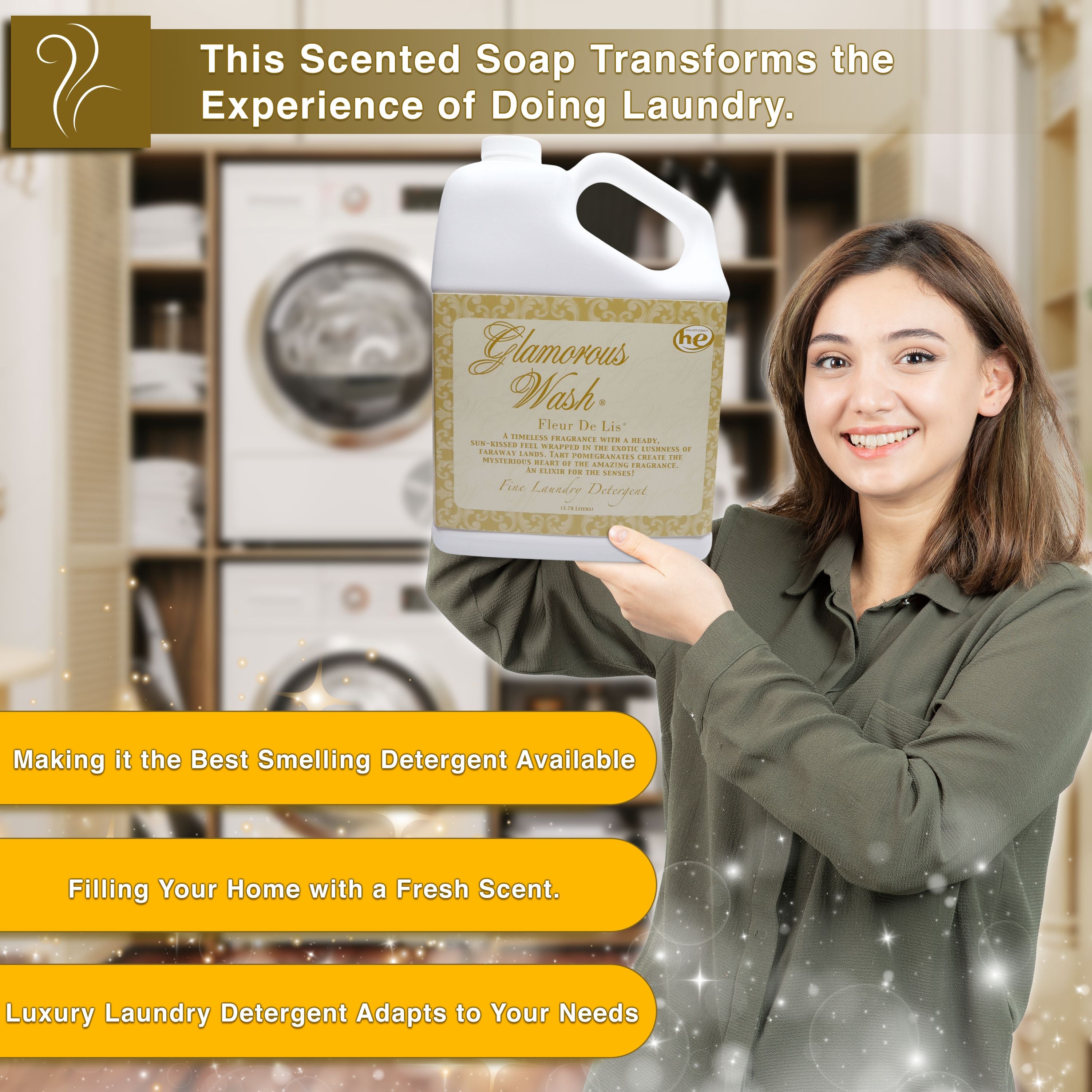 Tyler Candle Company Glamorous Wash Fleur De Lis Scent Fine Laundry Liquid Detergent, 128 oz 3.78L - Gentle on Delicate, Specialty and Fine Fabrics - 1 Container