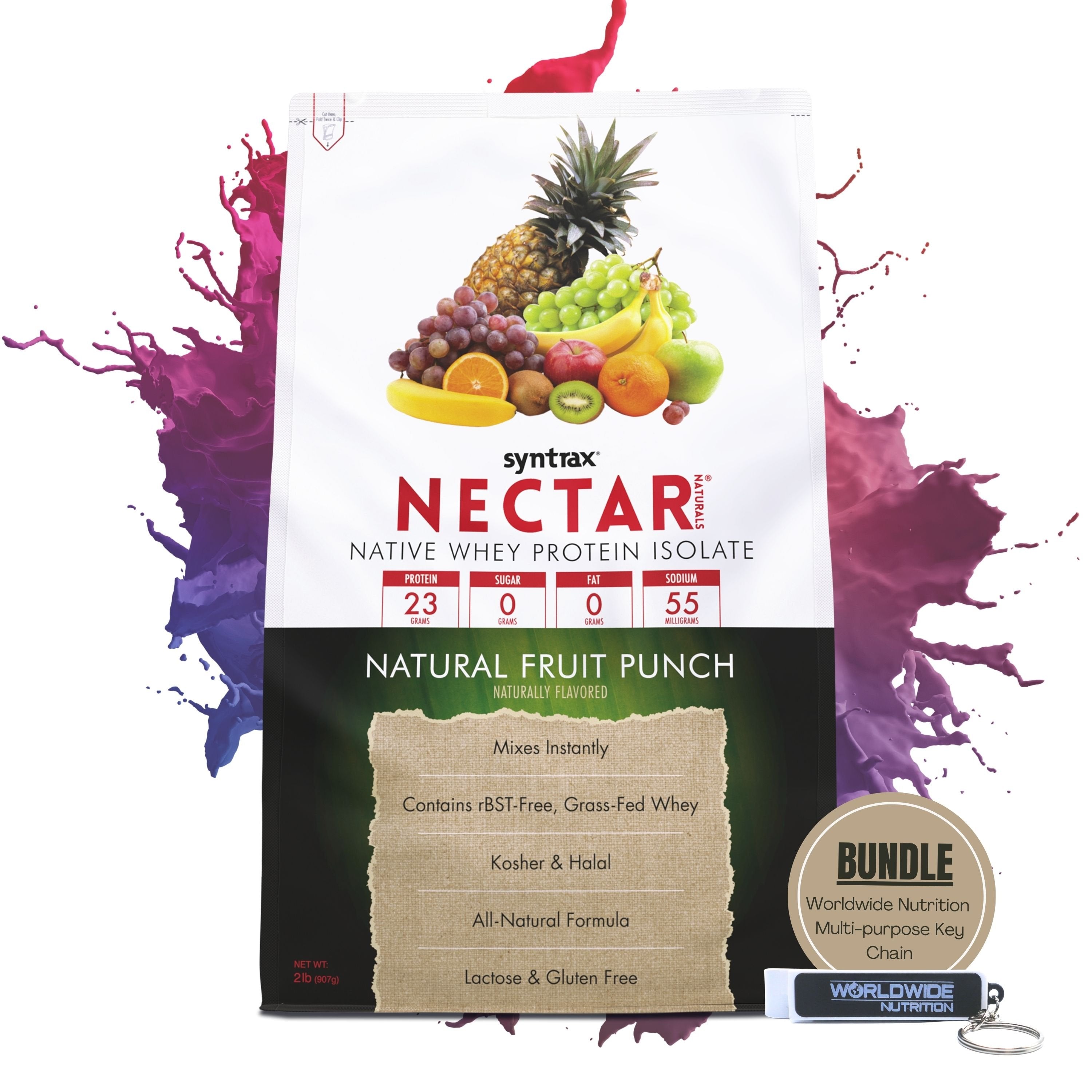 Fruit Punch Syntrax Nectar Native Whey Protein Isolate (2lb Bag) Natural Vanilla - Muscle Support - with Multi-Purpose Keychain