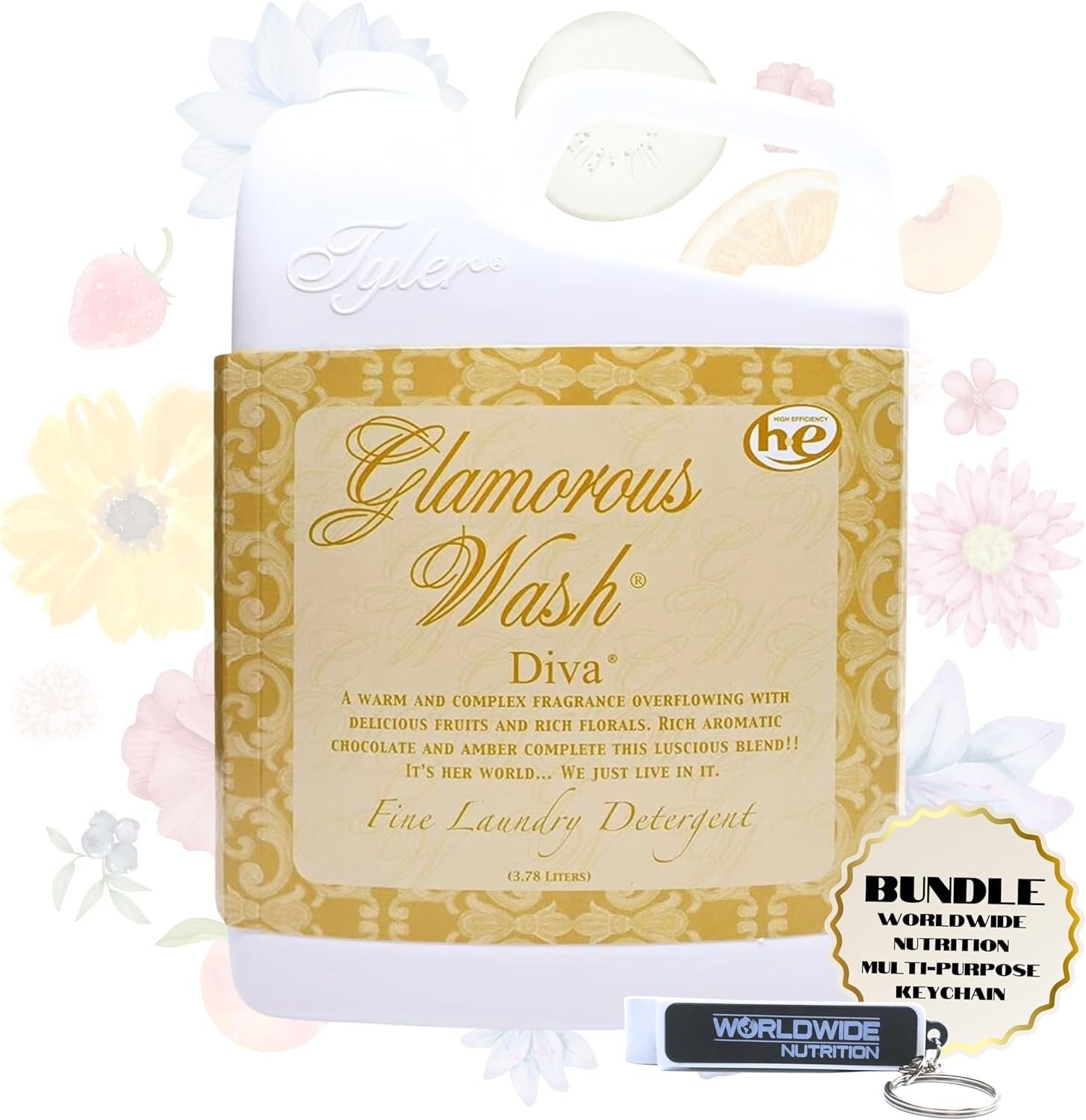 Tyler Candle Company Glamorous Wash Diva Fine Laundry Liquid Detergent - Hand and Machine Washable - 1 Gallon (3.78 L) - Pack of 1 with Multi-Purpose Keychain