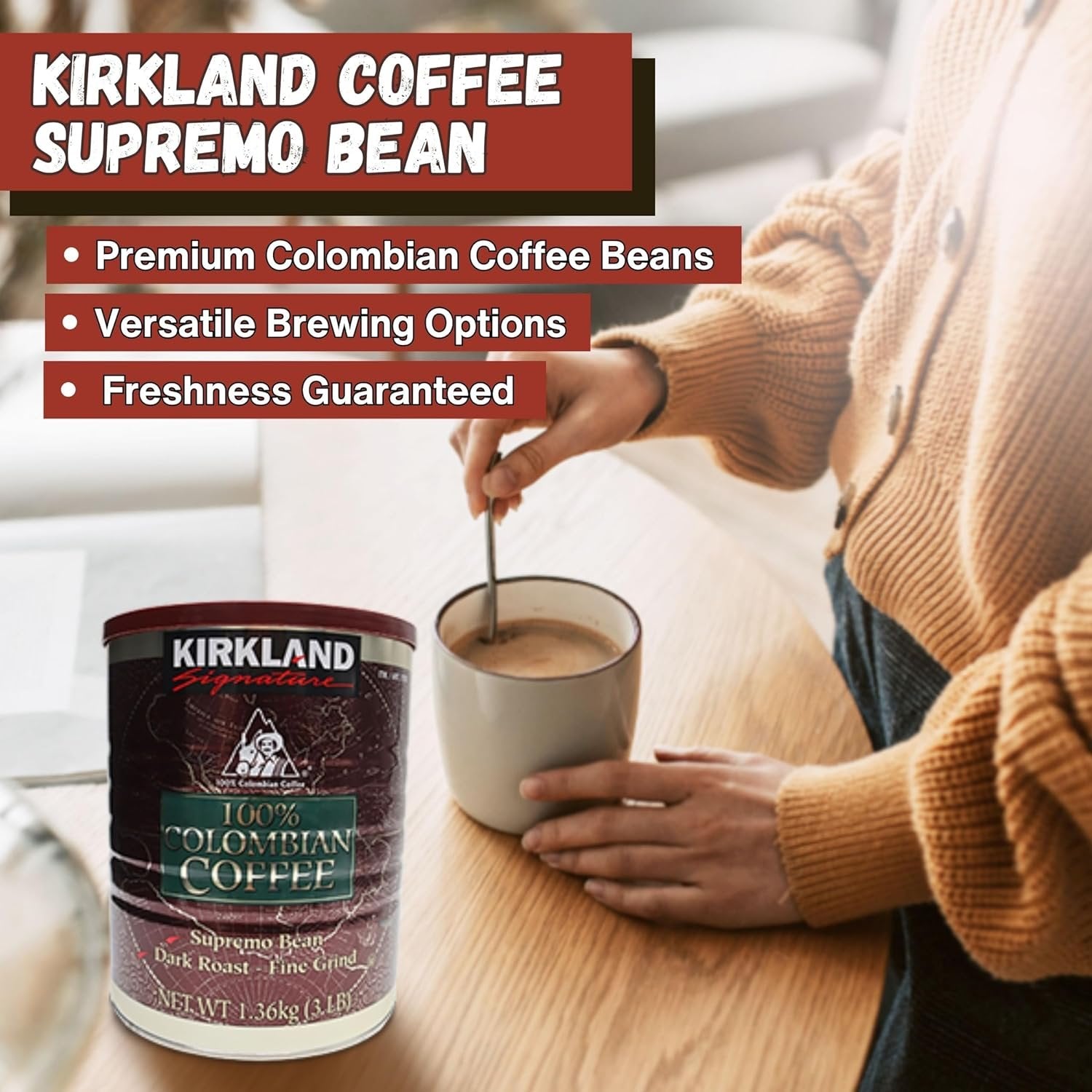 Kirkland Signature 100% Colombian Coffee Supremo Bean - Dark Roast - Fine Grind - 4 Pack of 3lb - with Multi-Purpose Key Chain