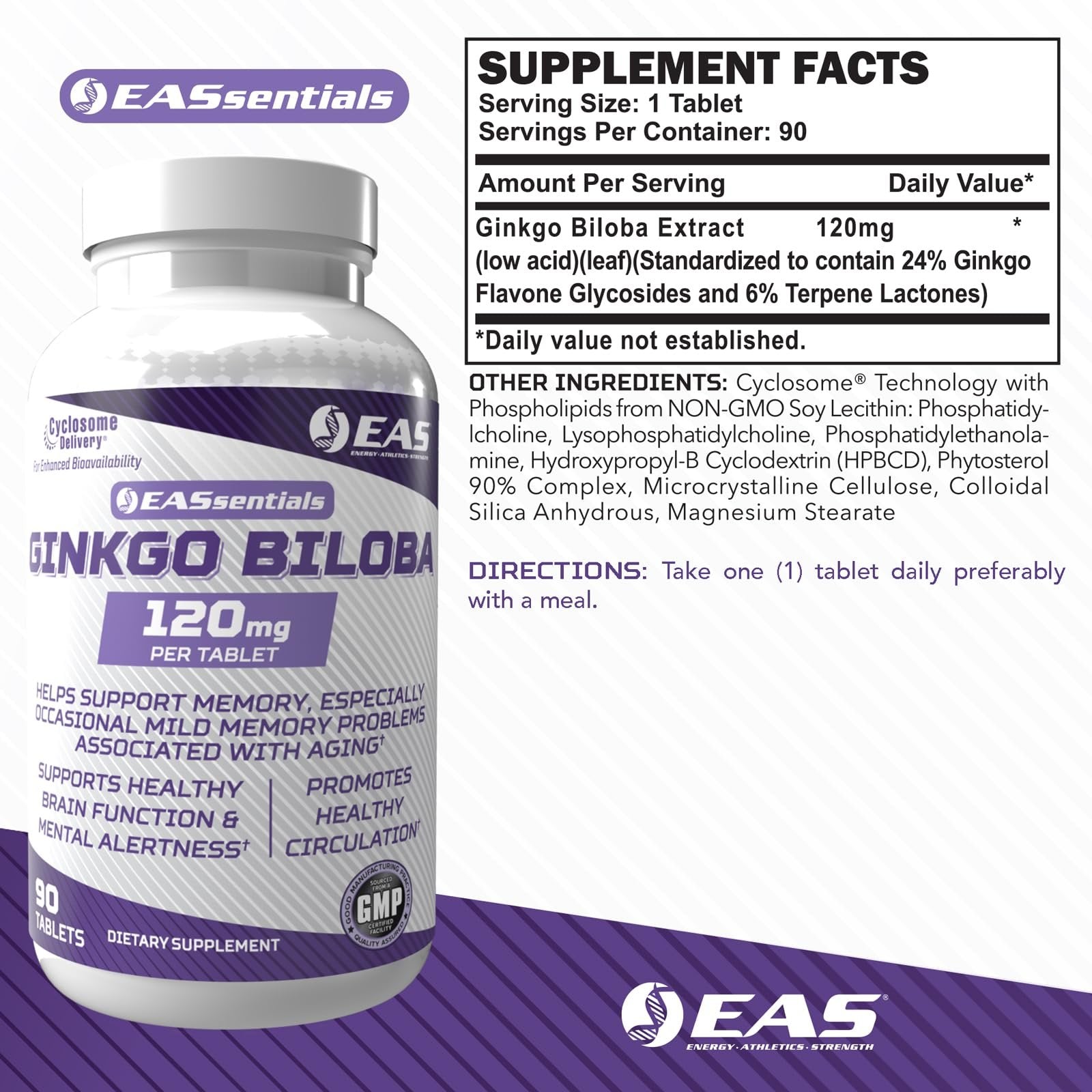 EAS Ginkgo Biloba 120mg | Supports Brain Function & Memory | High Levels of Flavonoids & Terpenoids | Better Absorption with Cyclosome Delivery | 90 Tablets