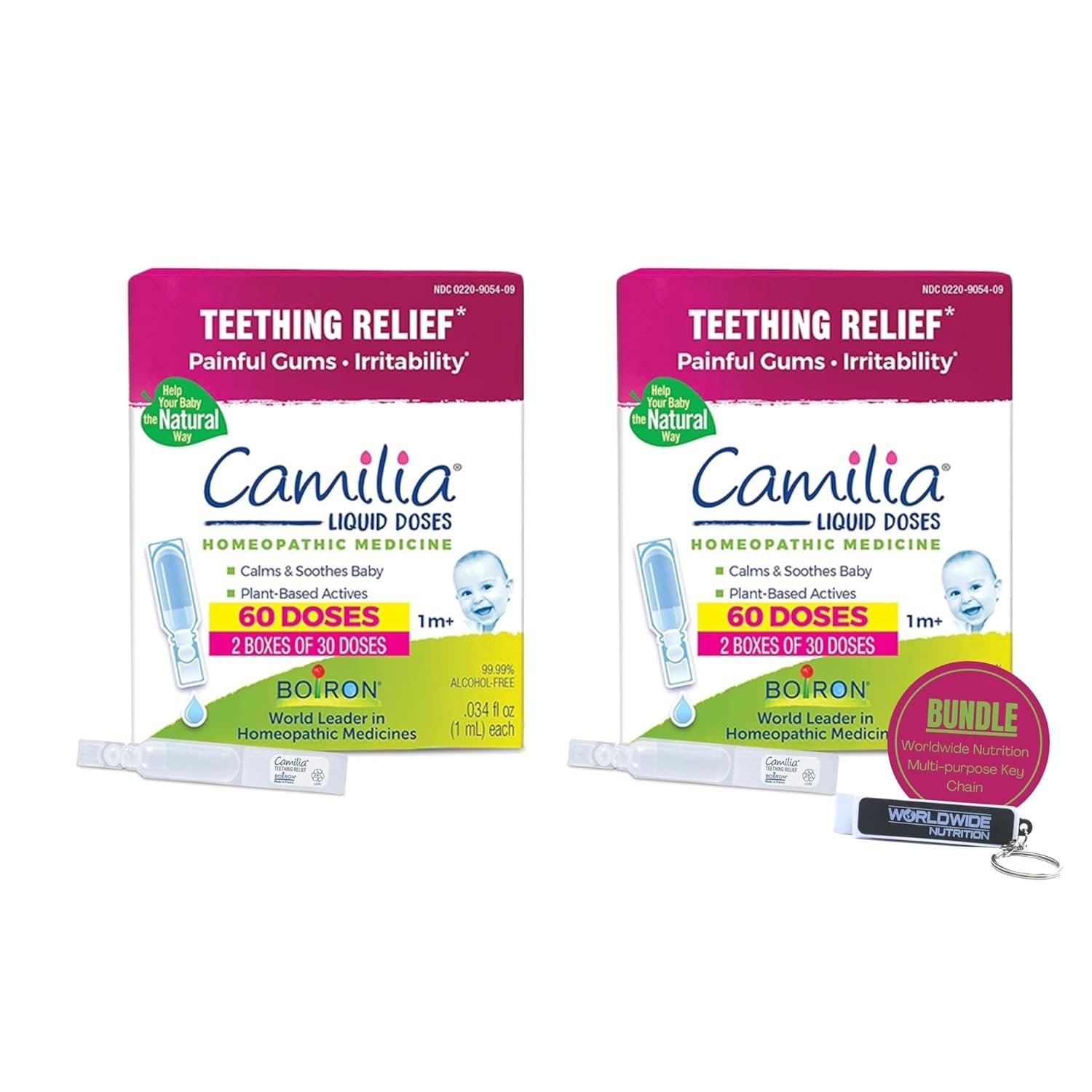 Boiron Camilia Liquid Doses - Homeopathic Medicine (1m+) - Teething Relief - Painful Gums - Irritability - 60 Count - Pack of 2 - with Multi-Purpose Keychain