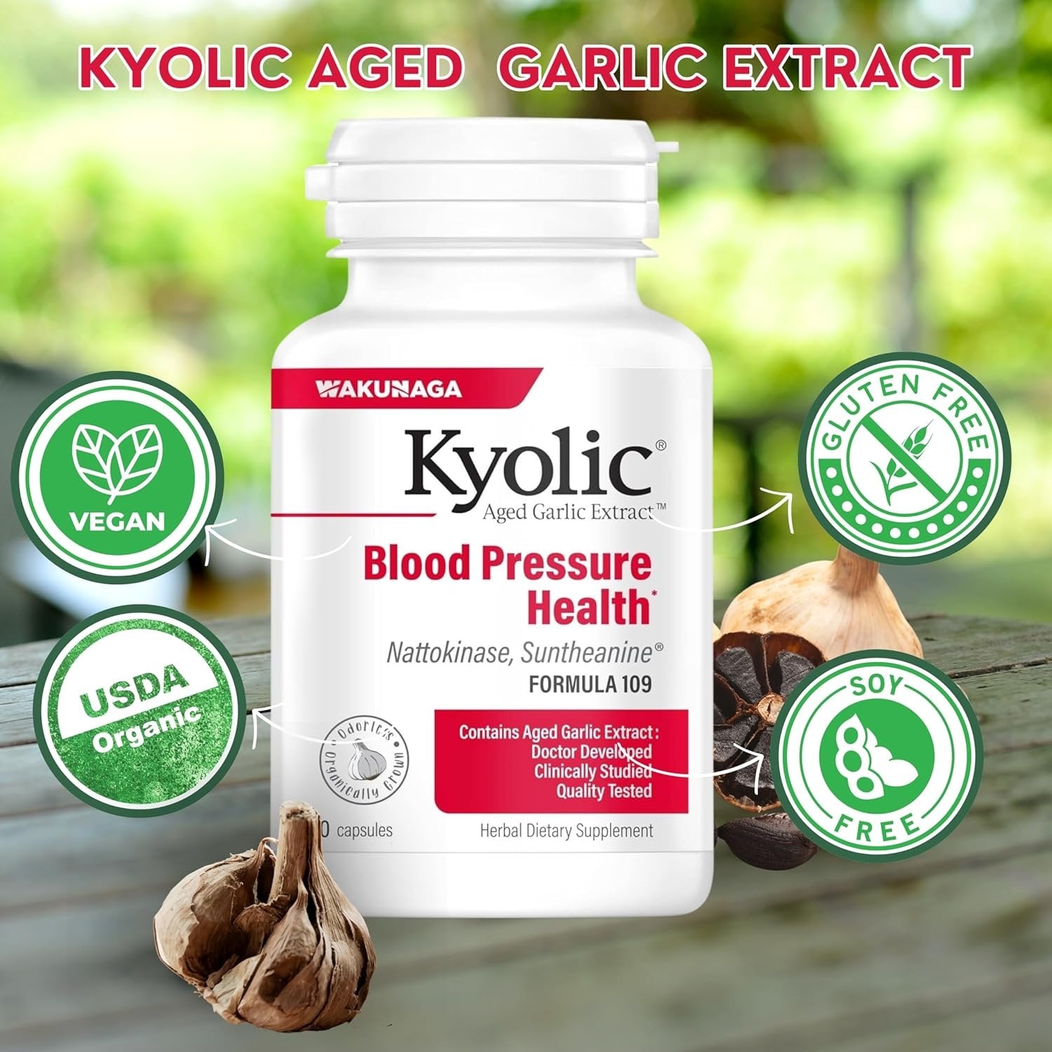 Kyolic Aged Garlic Extract Blood Pressure Health Formula 109 - Organic Garlic Supplement Odorless and Non-GMO 80 Capsules with Multi-Purpose Key Chain