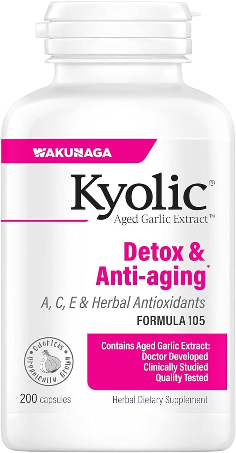 Kyolic Aged Garlic Extract Detox & Anti-Aging Formula 105 - Organic Aged Garlic Extract Odorless - 200 Capsules - with Multi-Purpose Key Chain
